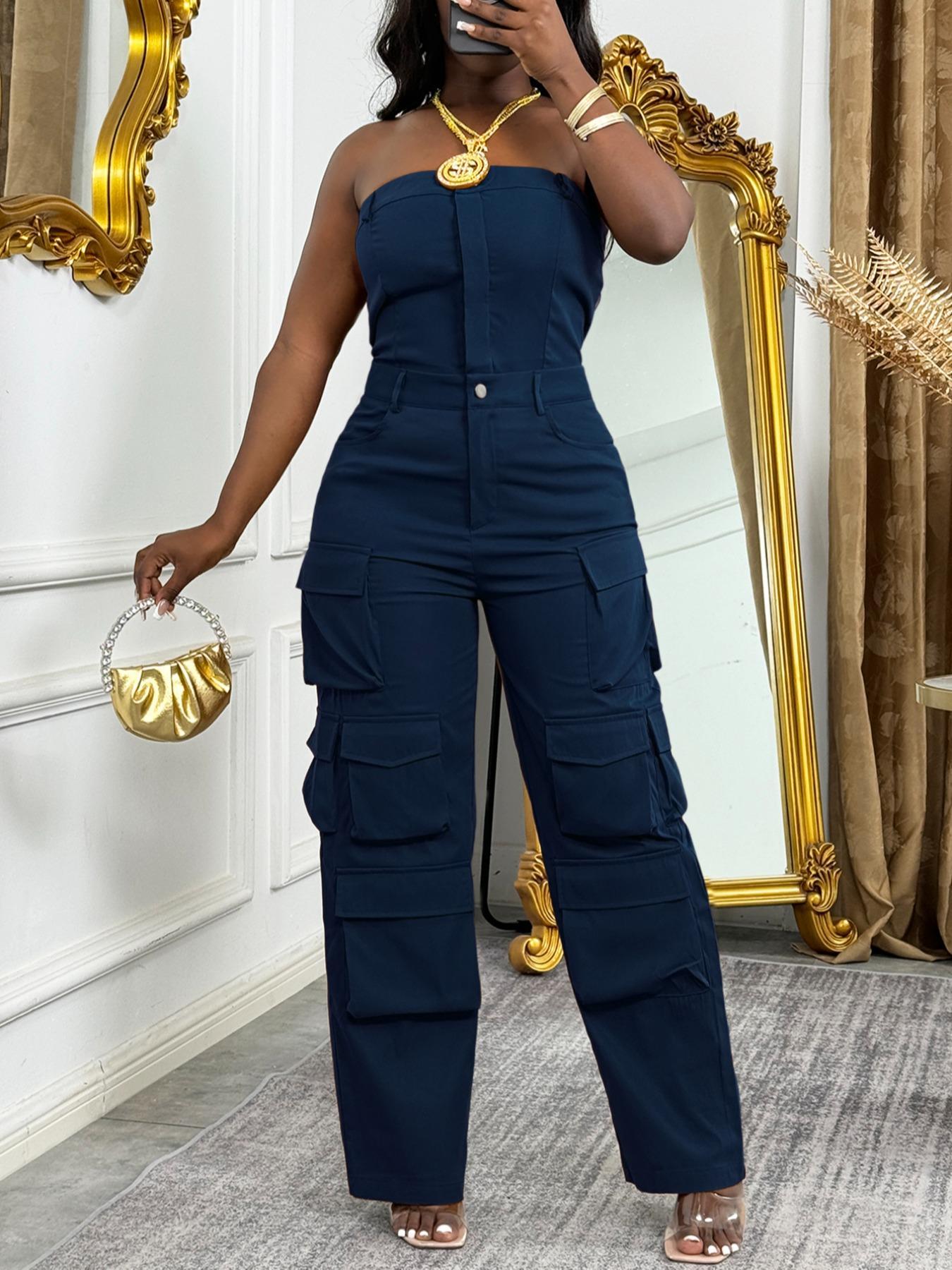 Women's Solid Flap Pocket Overalls Jumpsuit, Casual Street Fashion Strapless Sleeveless Jumpsuit for Daily Wear, Ladies Clothes for All Seasons, Solid Color Jumpsuit