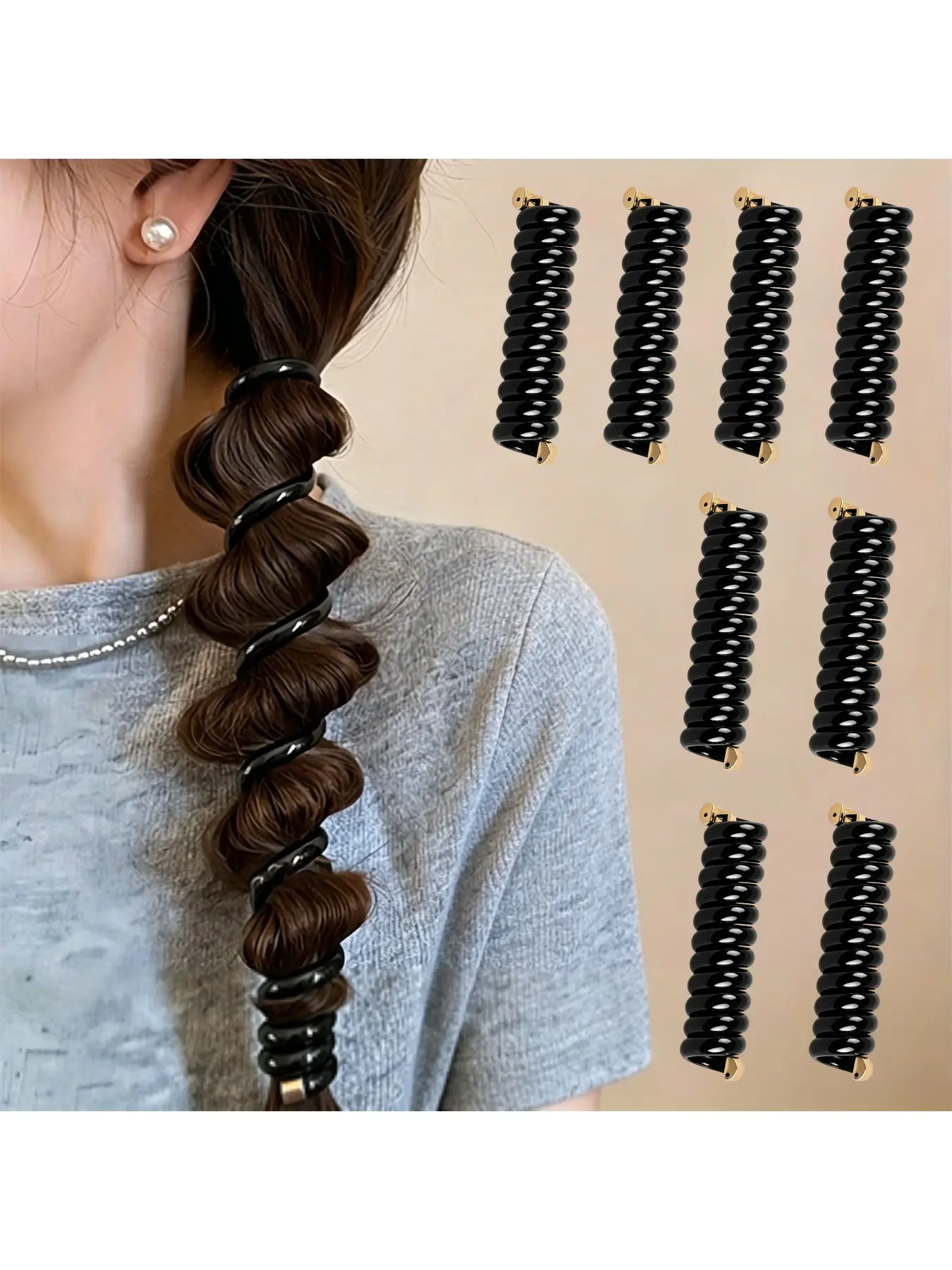 8 Pieces Black Spiral Telephone Cord Hair Ties for Ponytails, High Elasticity No Mark Durable Hair Bands, Women's Hair Accessories for Daily Use and Gifting