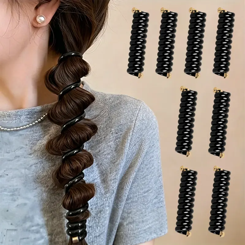 8 Pieces Black Spiral Telephone Cord Hair Ties for Ponytails, High Elasticity No Mark Durable Hair Bands, Women's Hair Accessories for Daily Use and Gifting