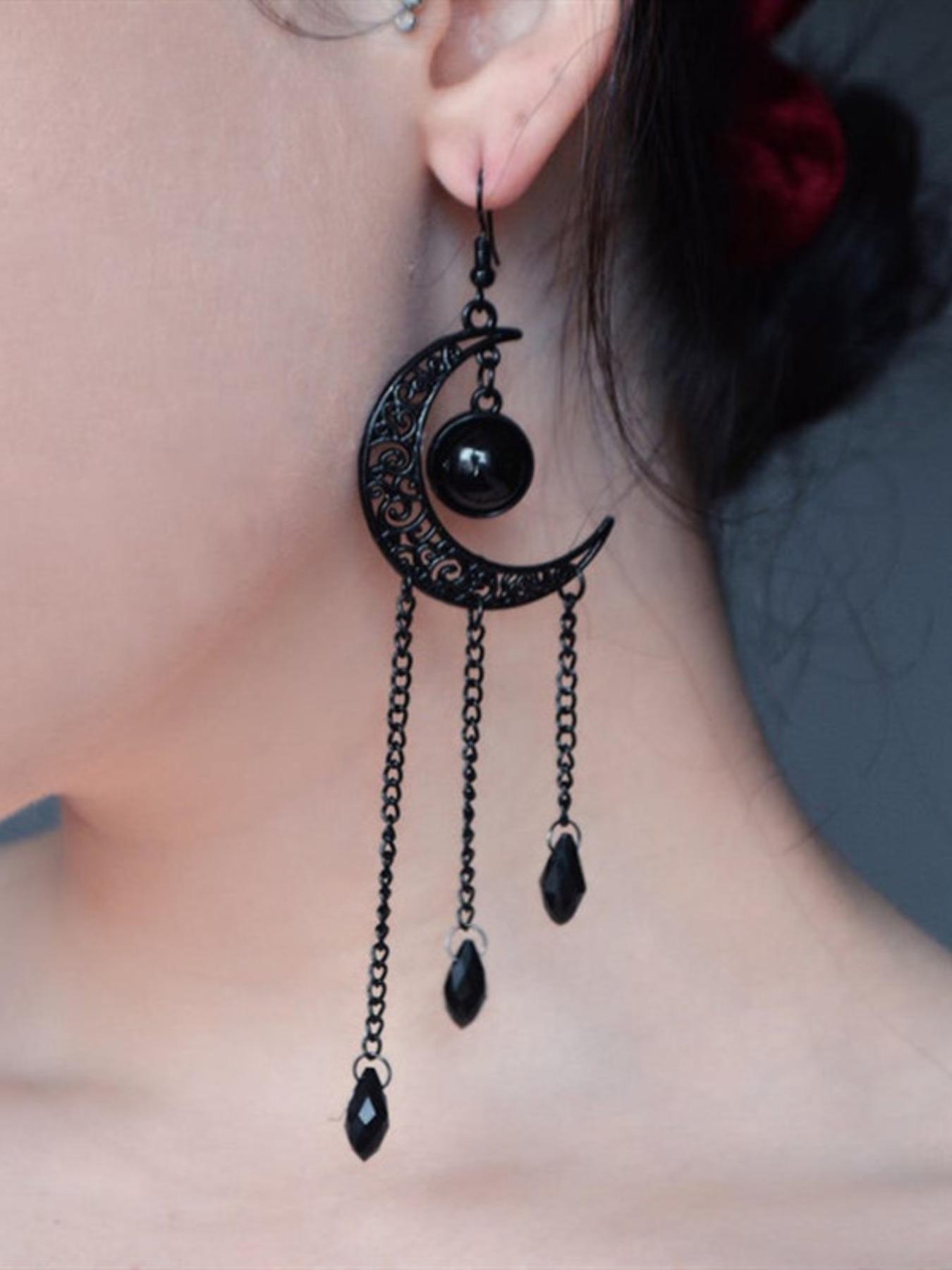 1 Pair Punk Style Creative Moon & Tassel Design Dangle Earrings, Long Chain Tassel Decor Drop Earrings, Gothic Style Party Jewelry Accessories For Women, Statement Earrings