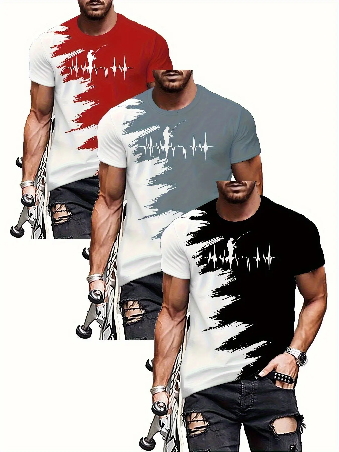 3-Pack Men's Quick-Dry Gradient T-Shirts, Breathable Short Sleeve, Casual Outdoor Fishing Wear, Heartprint, // Gradient Design