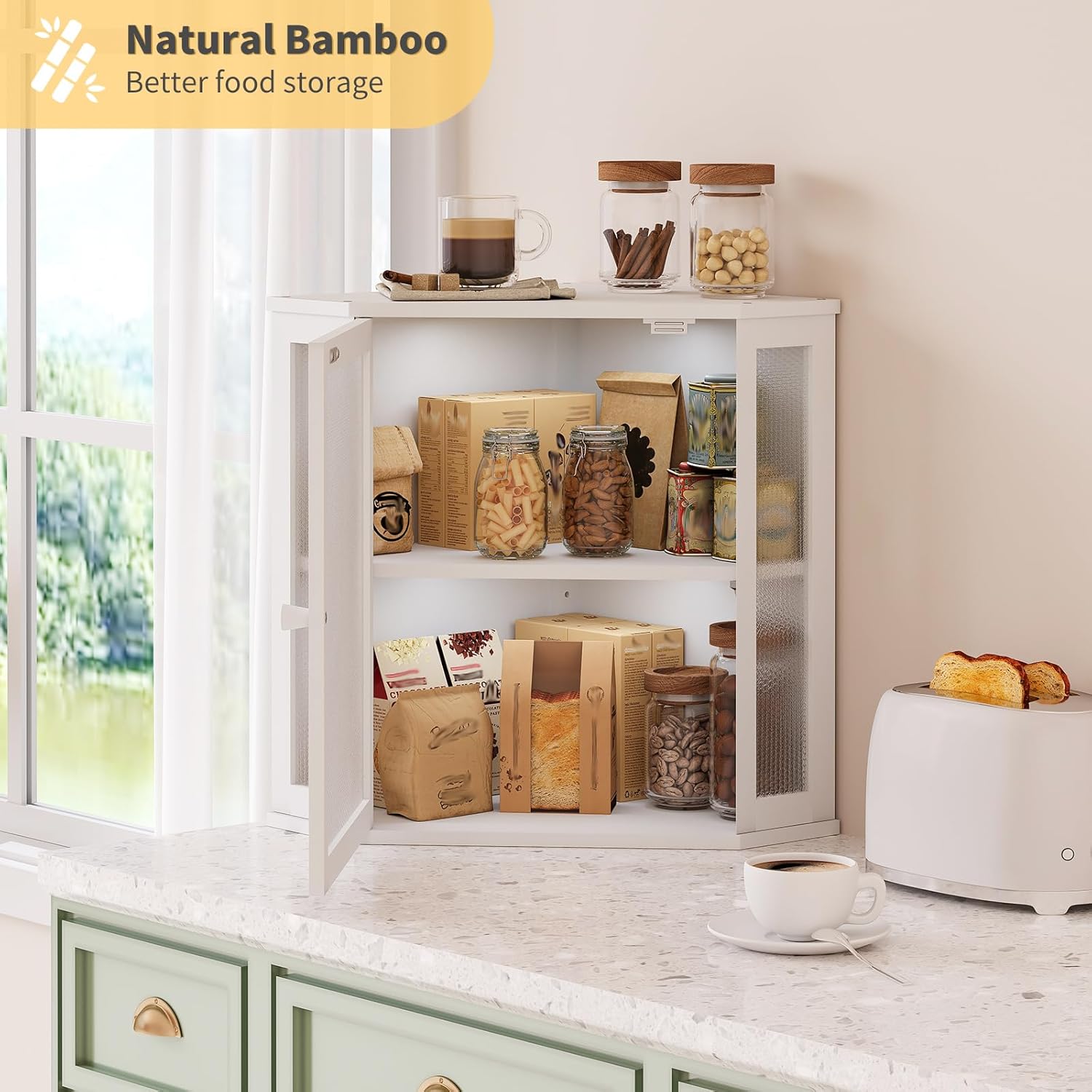 Corner Bread Box for Kitchen Countertop,Bread Storage for Homemade Bread, Double Layer Large  Kitchen Storage Bin with Window (White, Large)