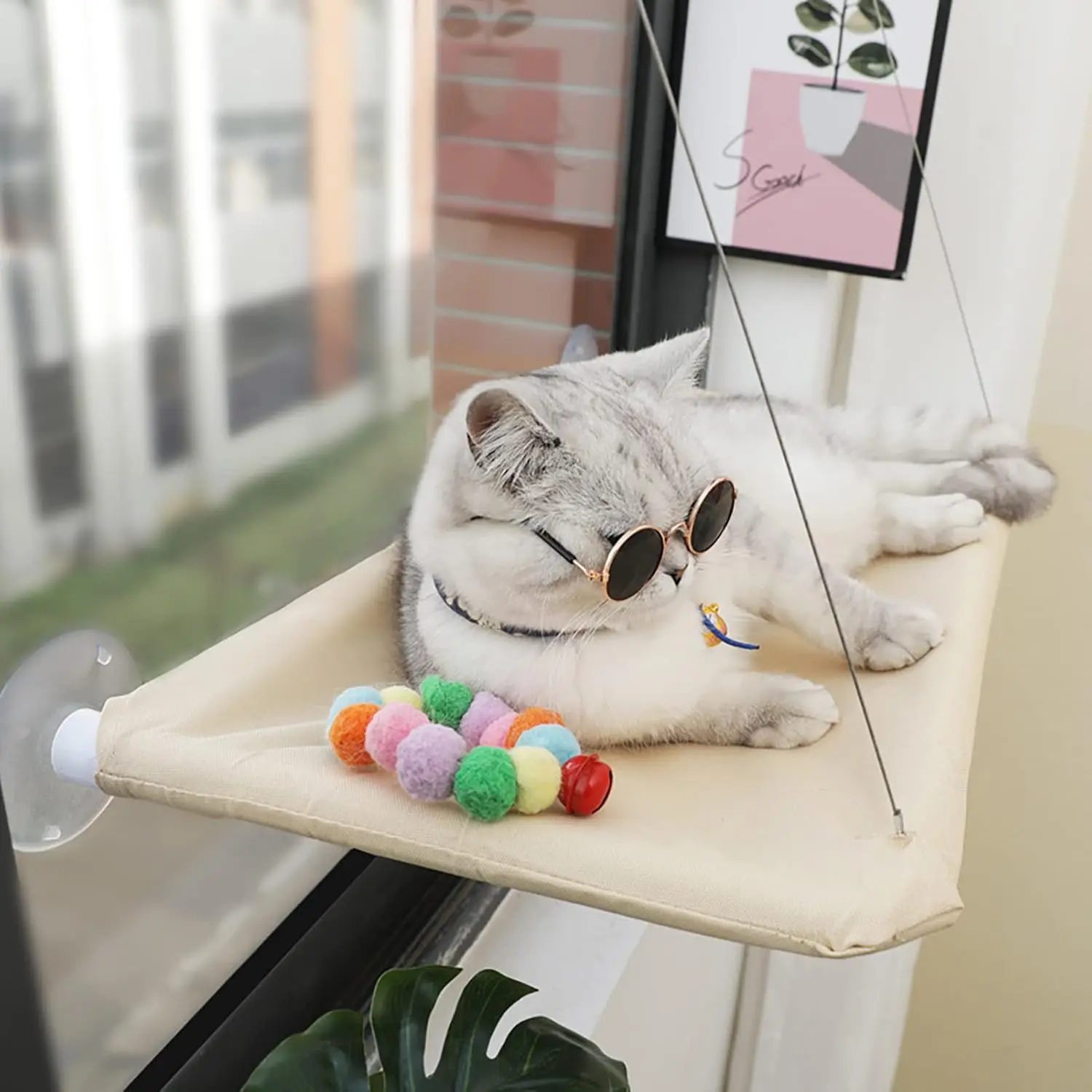 Cat Window Hammock Perch Cat Safety Sunny Bed with Durable Heavy Duty Suction Cups Resting Sunny Window Seat Indoor Cats Sleeping Space Saving Mounted Bed (Khaki)