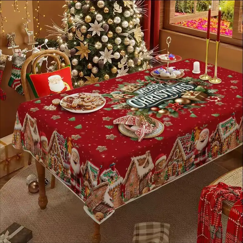 Christmas Theme Tablecloth, Rectangular Dining Tablecloth, Santa Claus Gingerbread House Pattern, Home Restaurant Kitchen Festival Party Decor