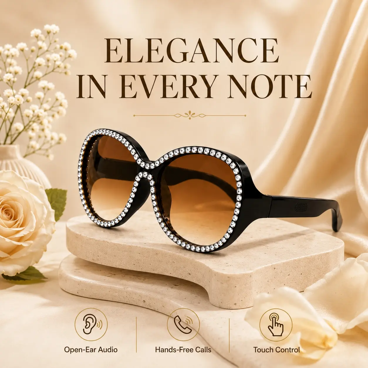 Rhinestone Smart Glasses for Women, Stylish Bluetooth Sunglasses with Open-Ear Speakers, Hands-Free Calls, Touch Control and UV Protection