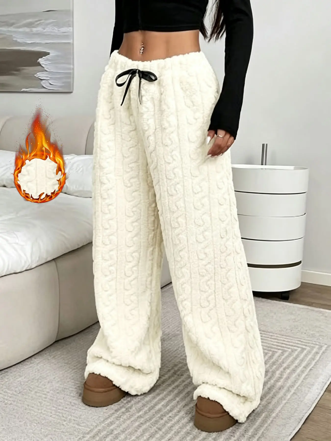 Women's Fall Winter Soft Casual Plaid Flannel Pajama Pants, Elastic Waist Ribbon Decor, Loose Straight Leg, Cozy Home Wear