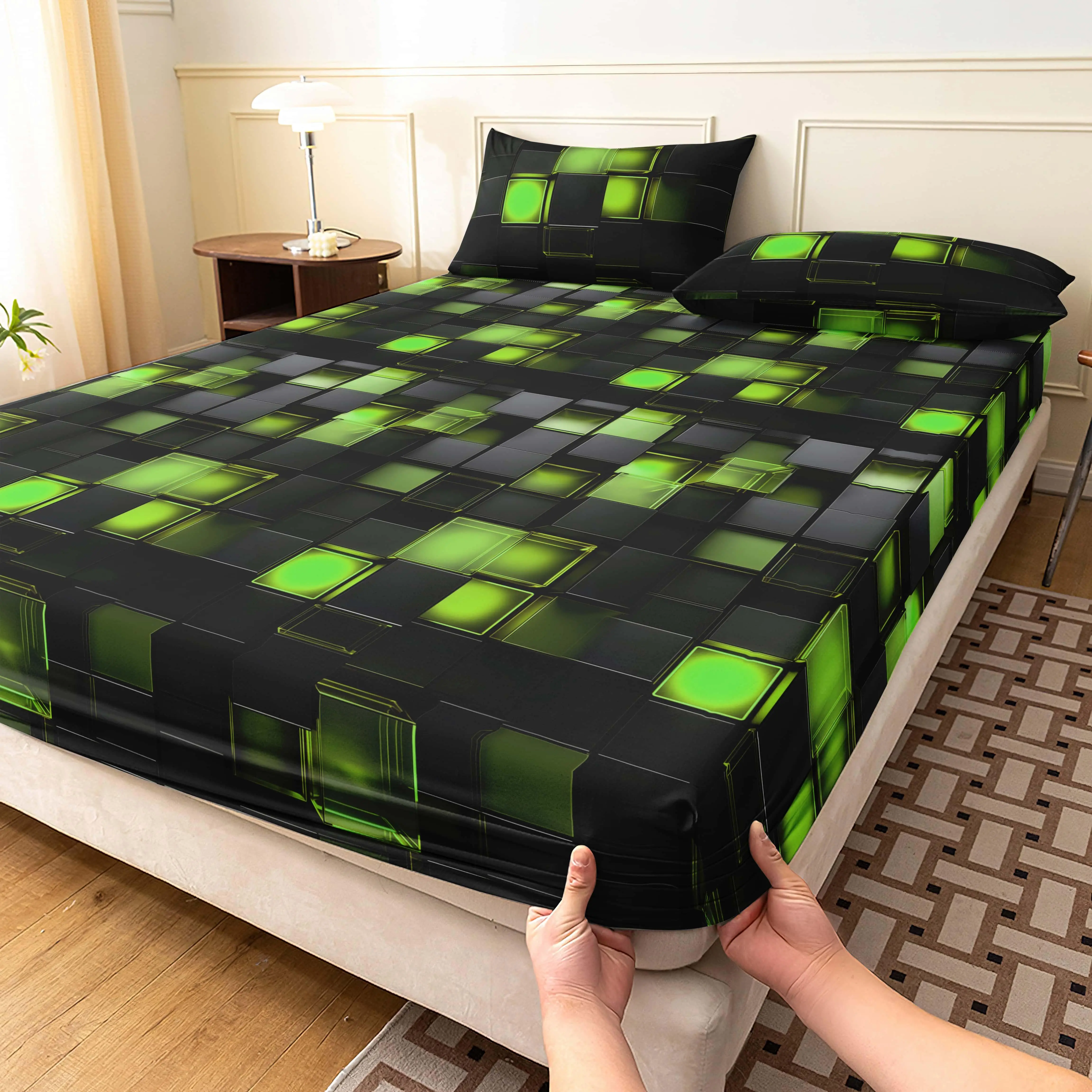 3PCS Original Design Tech-Inspired Space-Saving Bedding Set: Mattress Protector and Fitted Sheet Set (1 fitted sheet + 2 pillowcases, pillow inserts not included), high-definition print for home and dormitory, comfortable and skin-friendly, colorfast