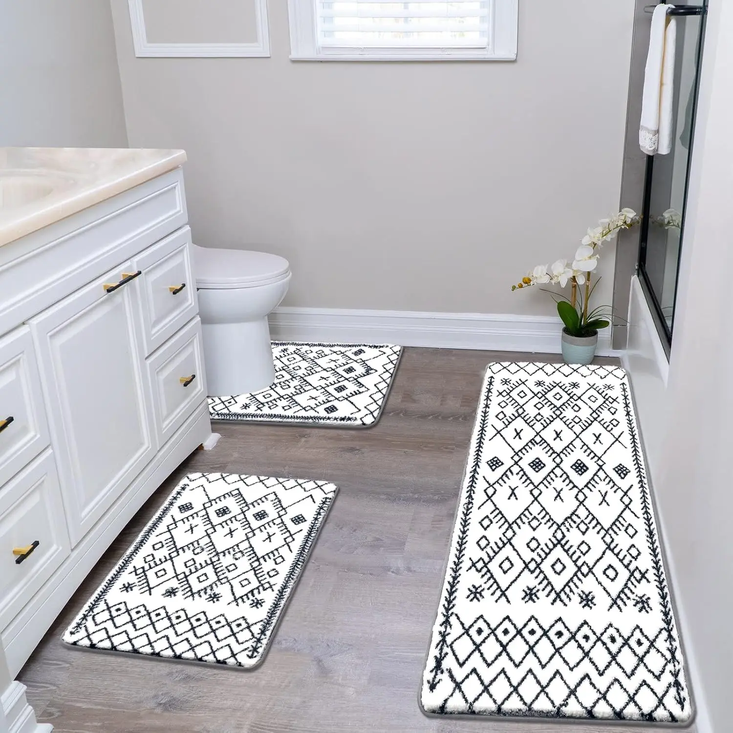 Bathroom Rug Set 3 count, Non Slip Washable Absorbent Bath Mat Set | Super Soft Microfiber Bathroom Mat and Runner Set, Geometric  Bath Rug with U-Shaped Toilet Mat Set for Tub, Shower