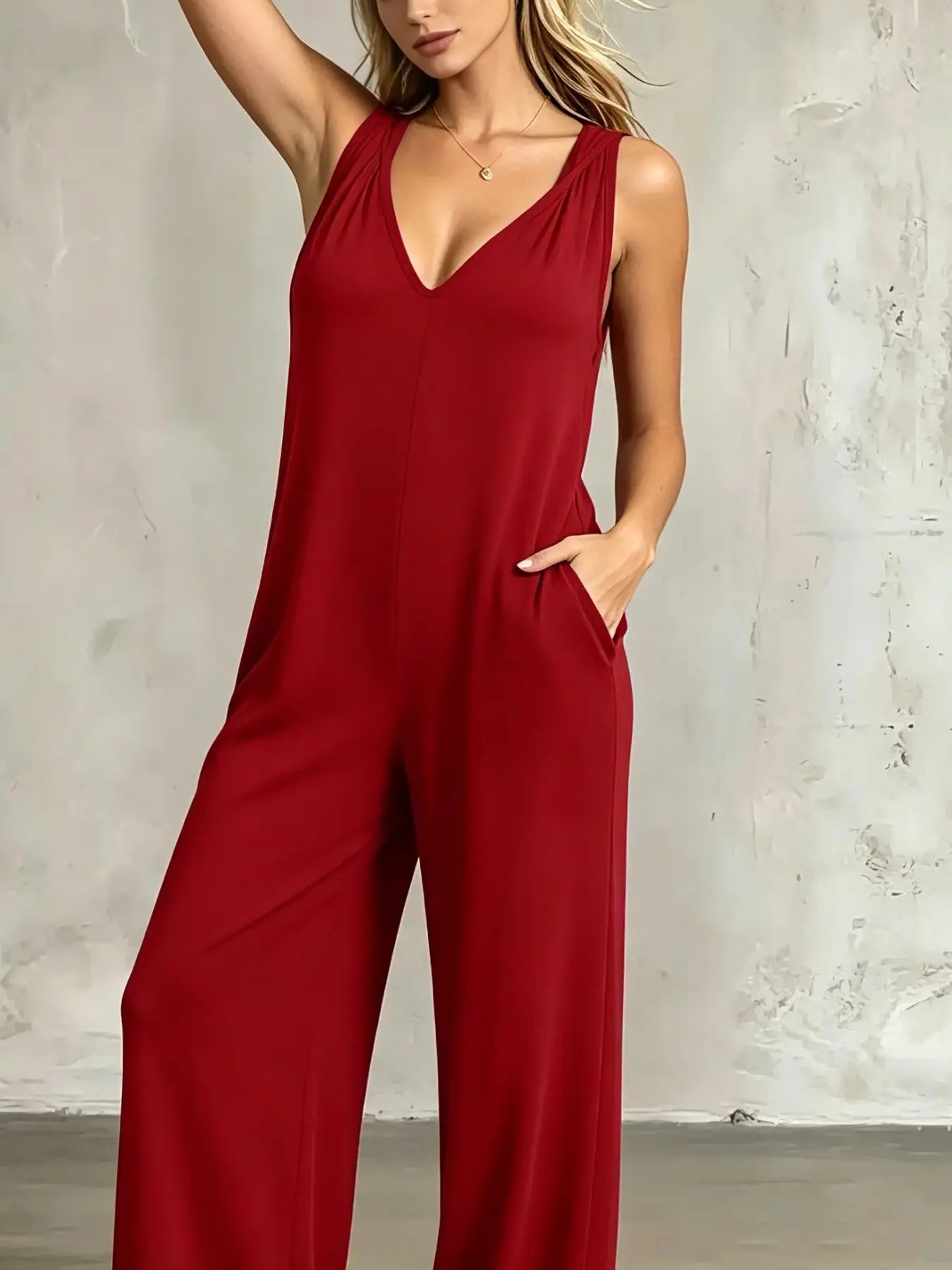 LF5530 Loose Fit Sleeveless Hooded One-Piece Pant Jumpsuit, Deep V Wide Leg Side Pocket, Comfortable Home Sleepwear, Casual Lounge