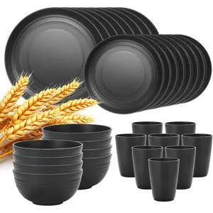 32Pcs Kitchen Wheat Straw Dinnerware Set, Service for 8, Plastic Reuasble Dinner Dishes Serving Plate Set for Kitchen, Including Dinner Plate, Dessert Plate, Bowl, Cup(Black)