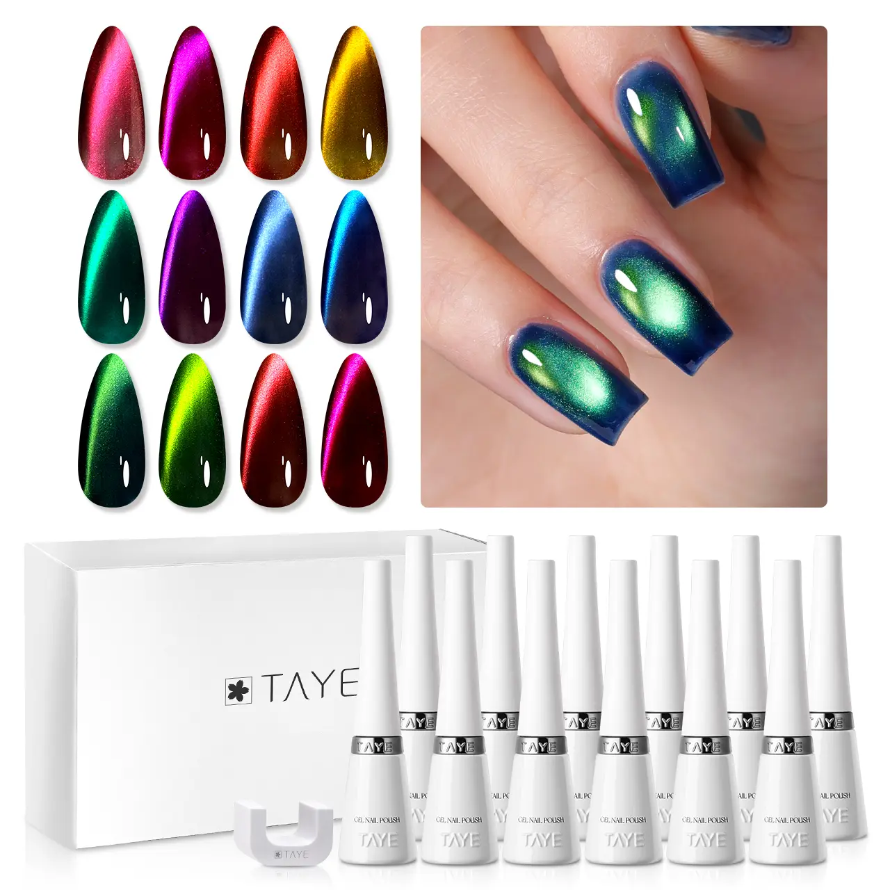 TAYE Cat Eye Gel Nail Polish Set with Magnet,12 Pcs Magnetic Gem Series Gel Collection for French Tips, Galaxy Nail Art, Shimmer Effect UV LED Soak Off Manicure Kit for Home Salon Use