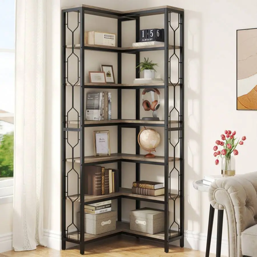 Corner Shelf, 7-Tier Industrial Corner Bookshelf, Wood And Metal Corner Etagere Bookcase, Freestanding Display Shelf Living Room,, Home Office, Gray And Black