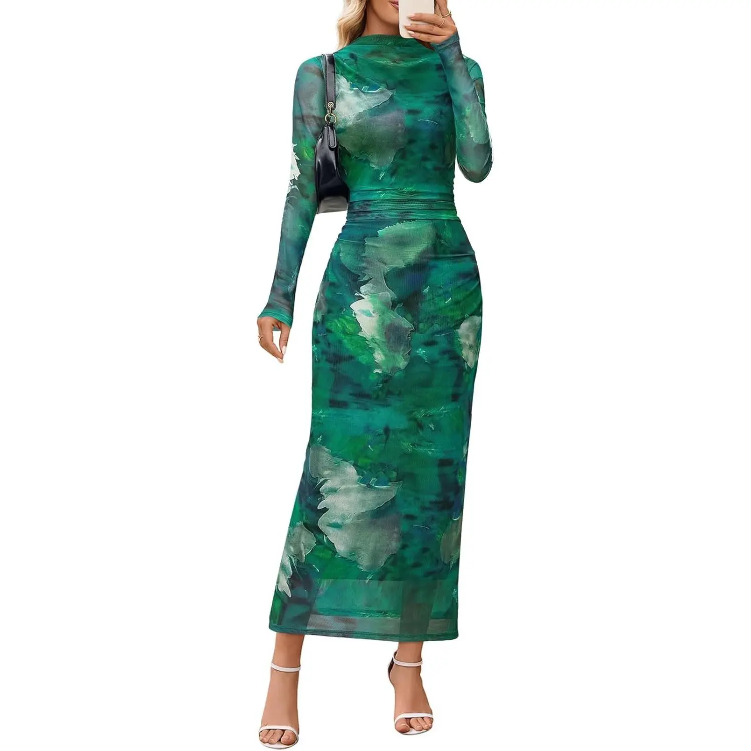 Women's Tie Dye Ruched Bodycon Maxi Dress - Chic Lightweight Long Sleeve Mock Neck Mesh Gown for Wedding Guest & Cocktail Parties, Slim, Garment, Classy, Print, Formal, Elegance, Casual, Comfortable, Everyday, Fabric