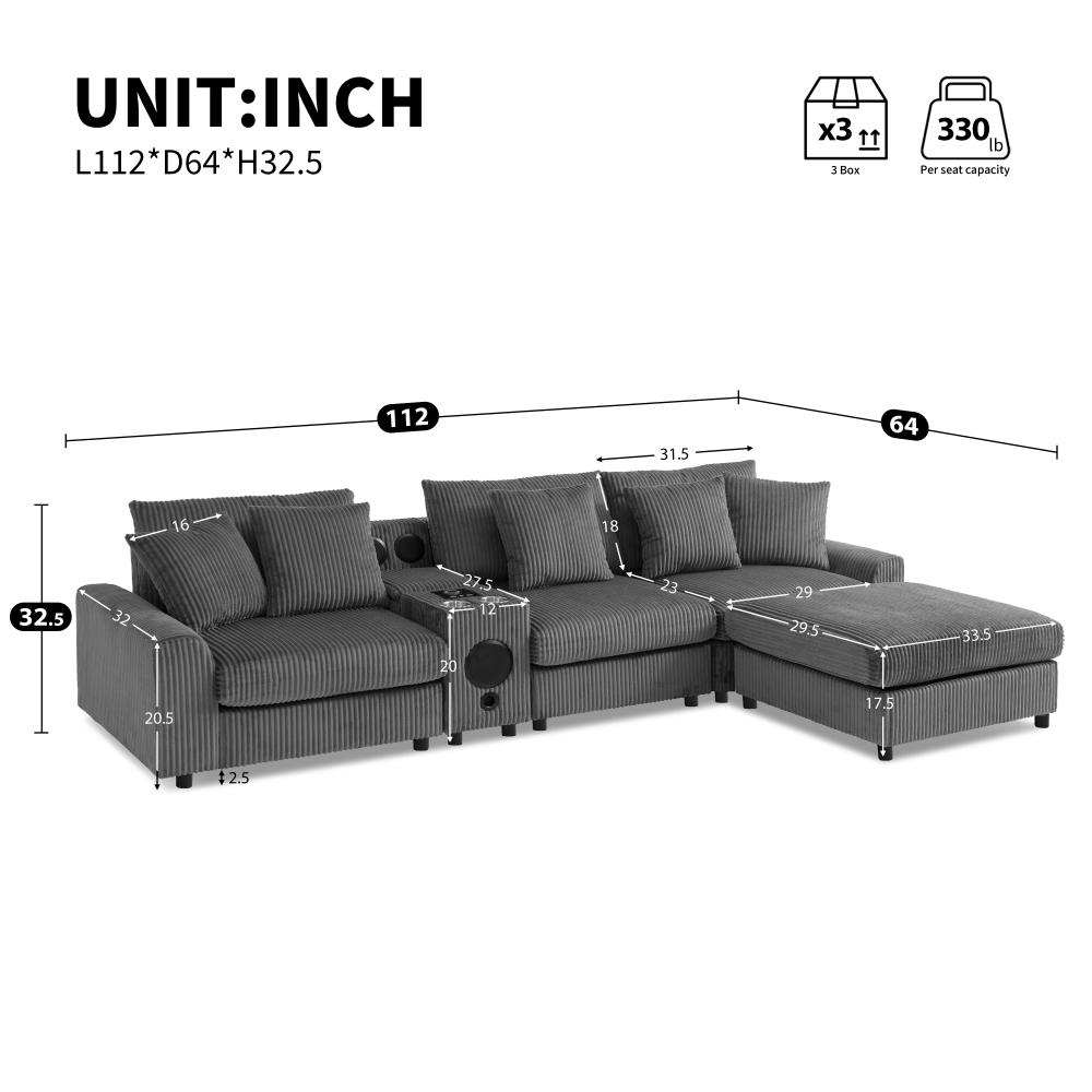 112'' Corduroy Sectional Sofa with Bluetooth Speakers, L-Shaped Couch with Console, USB Charger, Cup Holders, Storage, Ottoman, Deep and Wide Seat Cloud Sofa for Living Room & Apartment