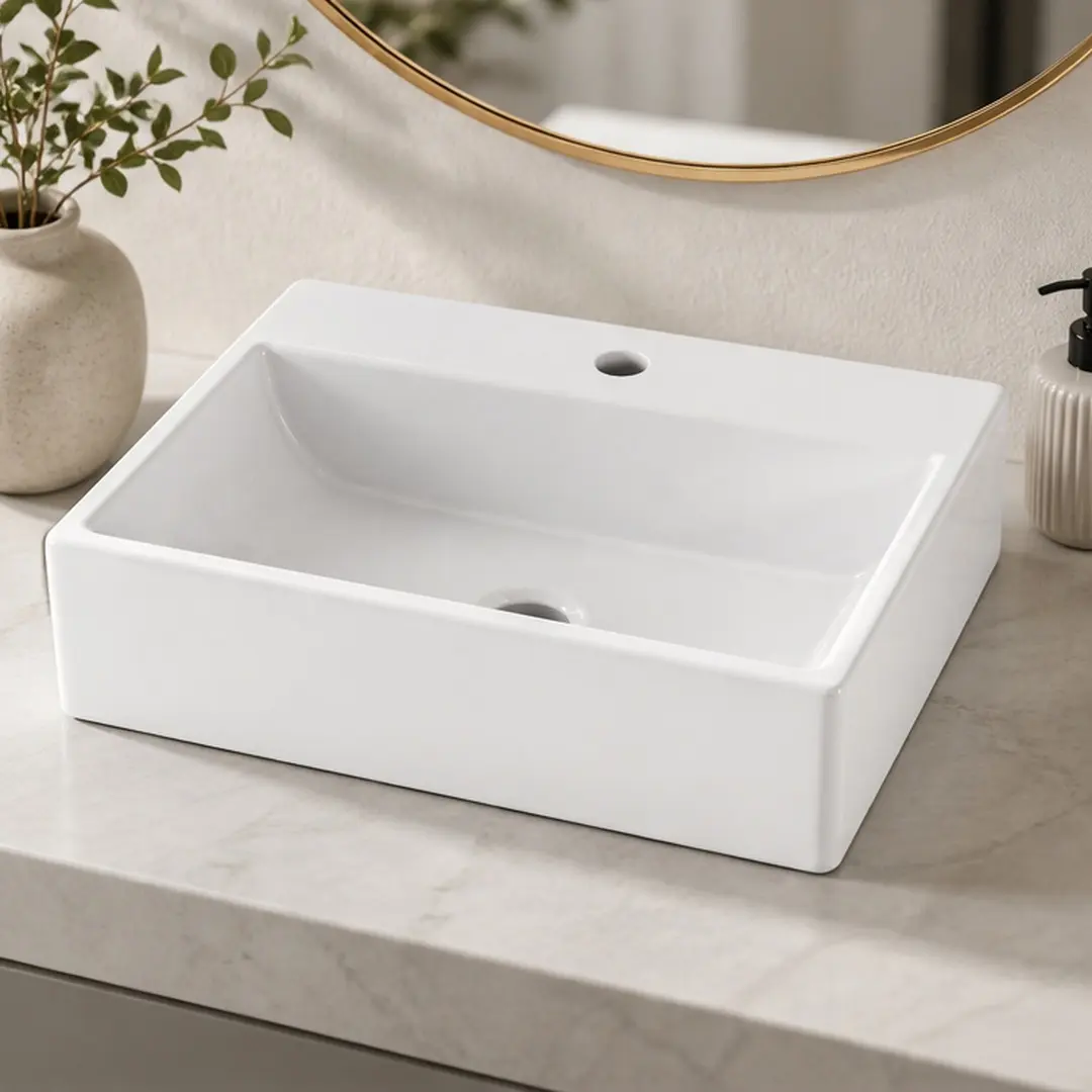 ARCH 20.6-Inch Square Ceramic Vessel Sink White Above-Counter Basin Modern Art Bathroom Vanity Bowl for 32-Inch Cabinet Countertop Washbasin, White Color Options, Ceramic Material, Product Dimensions: 14.20 W x 20.60 D x 4.70 H in, 14.20 W X 20.60 D X 4.7