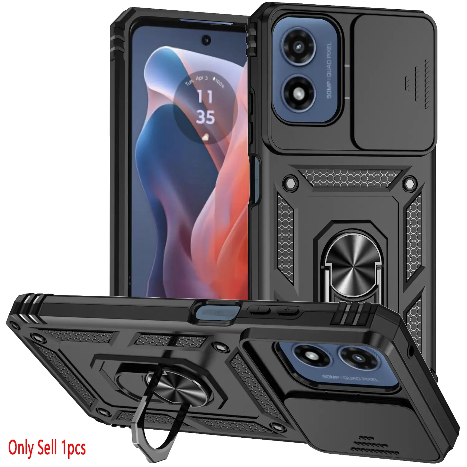 Case for Moto G Play 2024 Protective Drop Proof Cover, Mobile Phone Casing, Shockproof, Full Body Protection, Dust Proof, Sliding Lens Cover, 360 Degree Rotatable, Metal Ring Stand for Moto G Play 2024 Phone Case