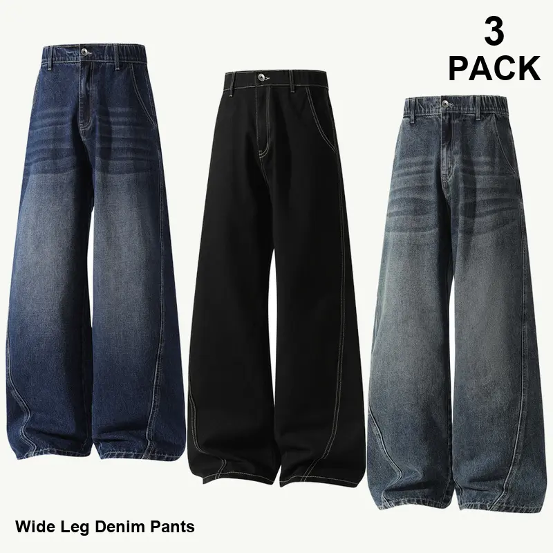 3-Pack Mixed Colors Men's Wide Leg Denim Jeans, Washed Solid Colors, Five-Pocket Style, Loose Full Length Fit, Easy-Match Multipack for Commuting Weekend Travel and Wardrobe Rotation - GY023 2