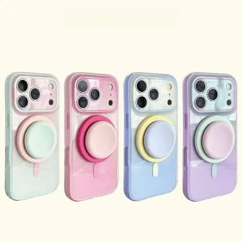 Protective Acrylic Magnetic 2-in-1 Double Layer Blue-Orange Gradient Full Cover AI Button Hard Smartphone Casing for Multi-Model iPhone Devices (18/17/16/15 Pro Max, 16, 15)