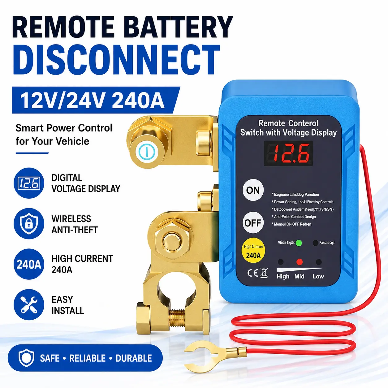 12V/24V 240A Remote Battery Disconnect Switch with Digital Voltage Display, Wireless Car Battery Cut-Off and Anti-Theft Kill Switch, Low-Power Battery Protection System with Easy-Install Kit for Cars, Trucks, RVs, Boats and Motorcycles