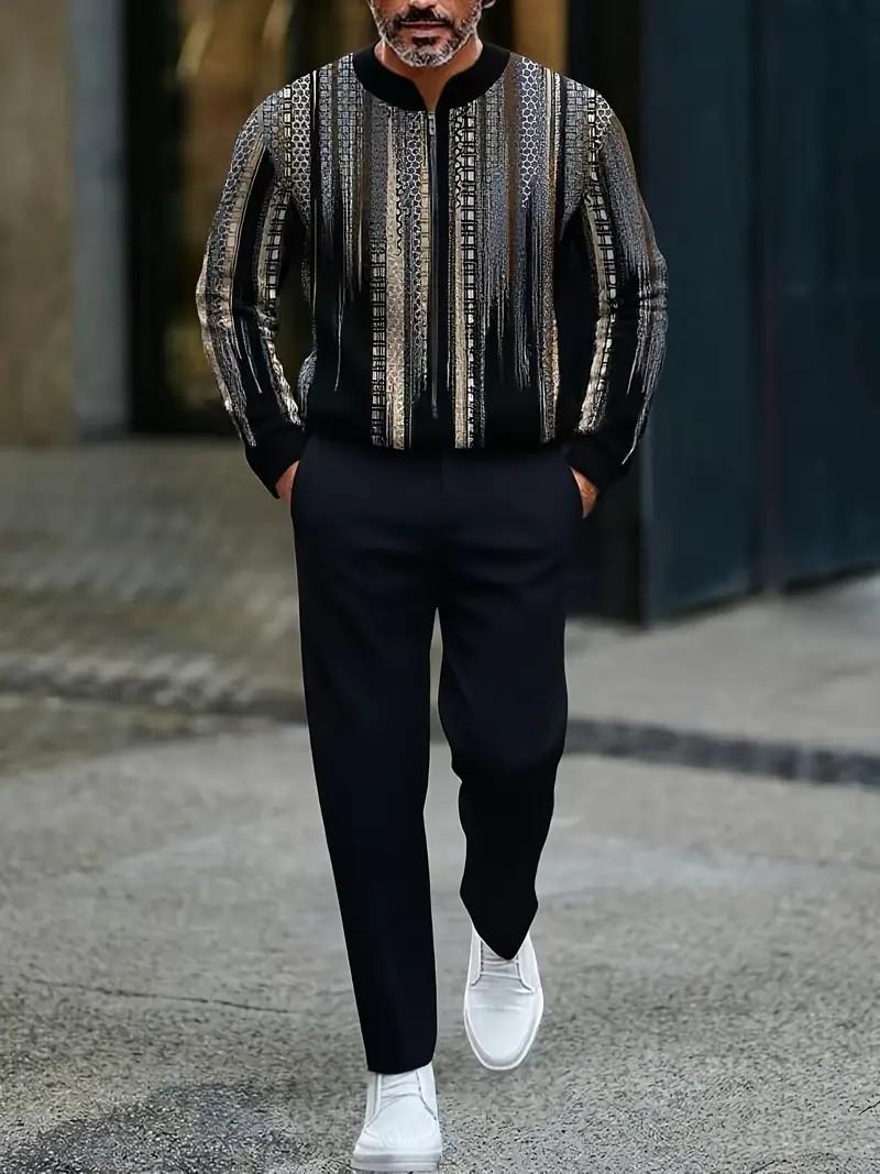 Fashionable men's two-piece new long sleeved shirt casual sports set, geometric pattern design versatile and comfortable fabric zipper long sleeved top and casual pants street style combination