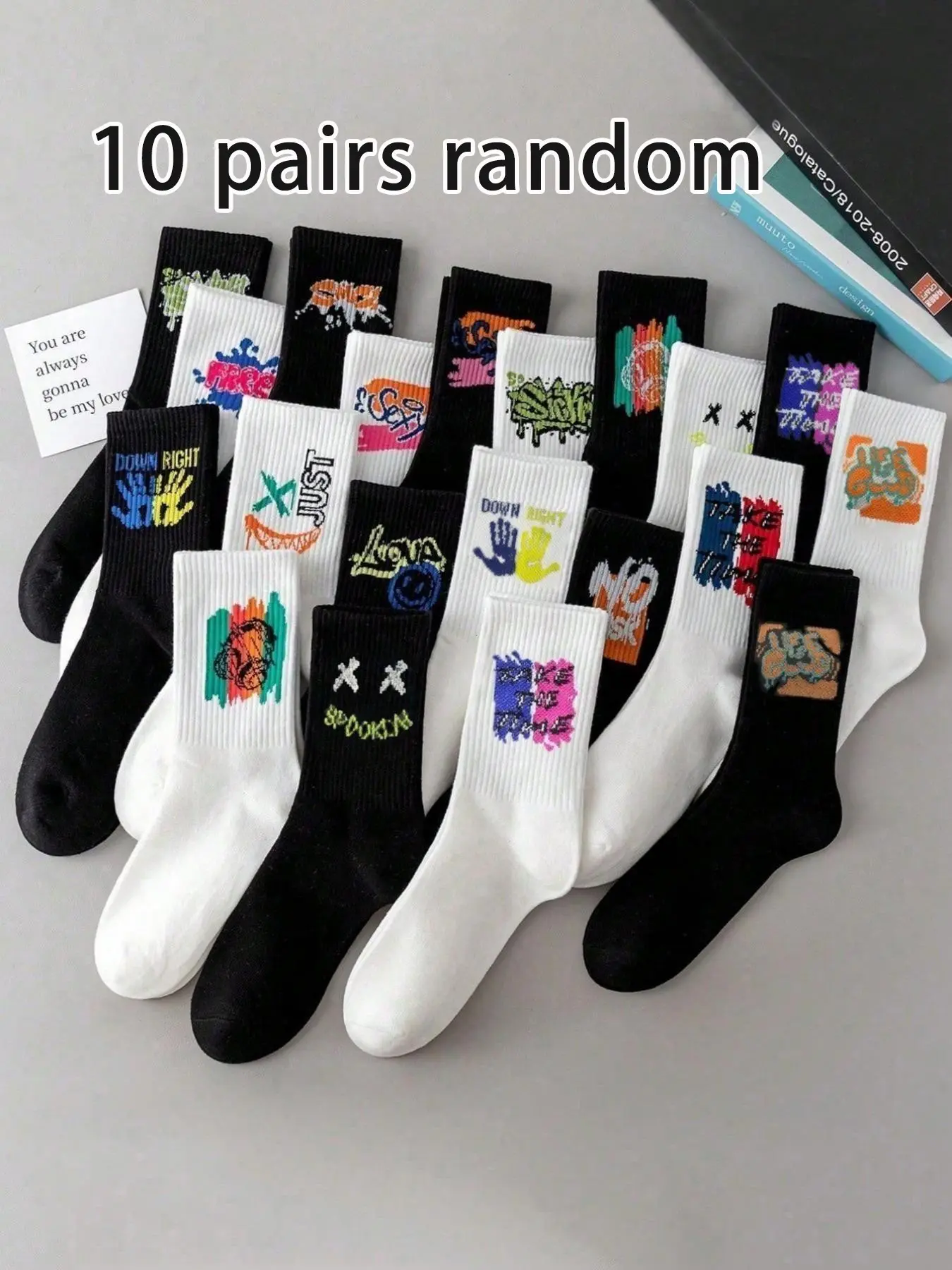 10 Pairs Kids Colorful Mid-Calf Socks, Moisture-Wicking Breathable, Unisex Casual Streetwear Graffiti Sports Socks, Comfortable for Teens