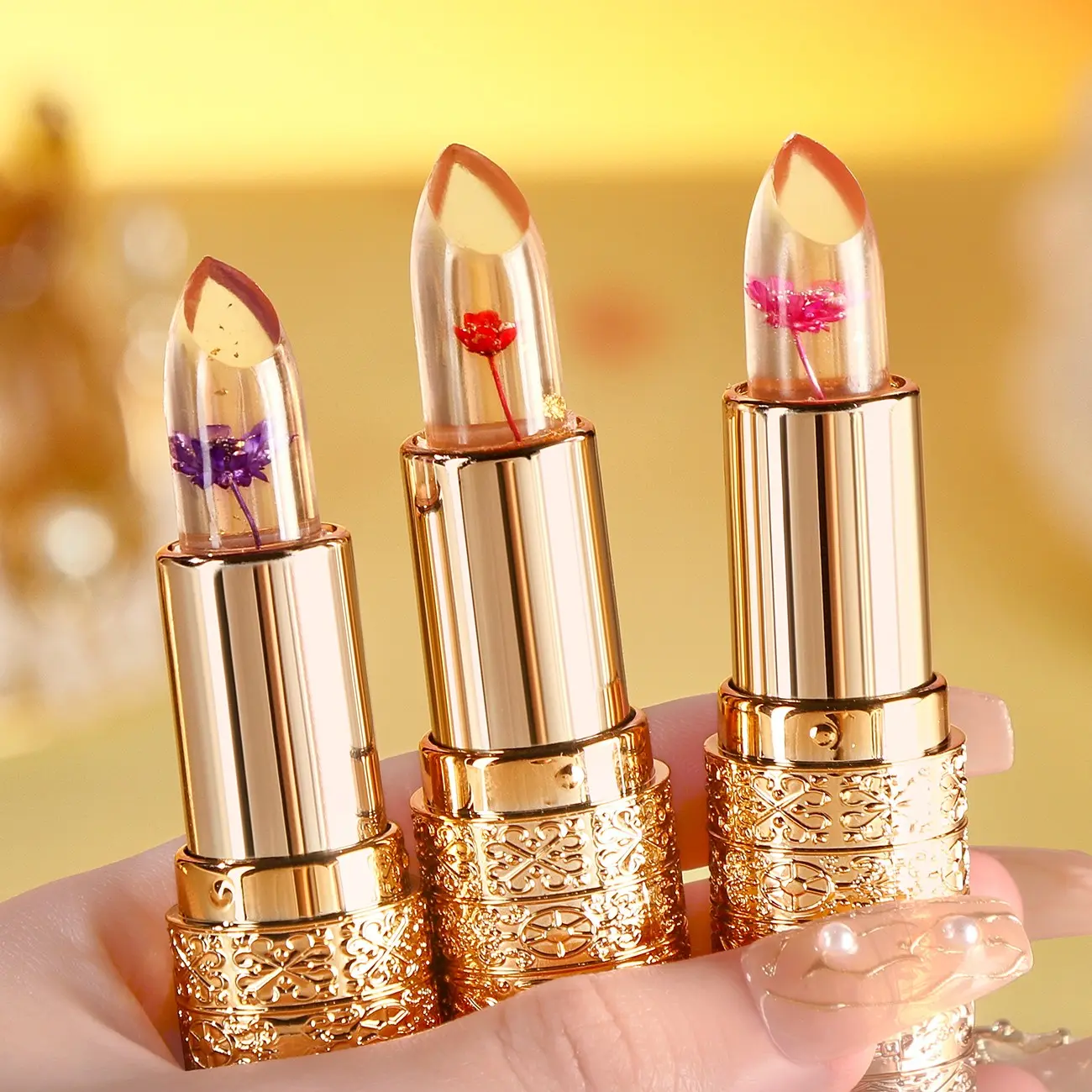 Flower-Shaped Gel Lipstick, Temperature-Sensitive Color Changing, Moisturizing and Non-Sticky, 3 Shades, Hydrating and Fade-Resistant Lip Gloss