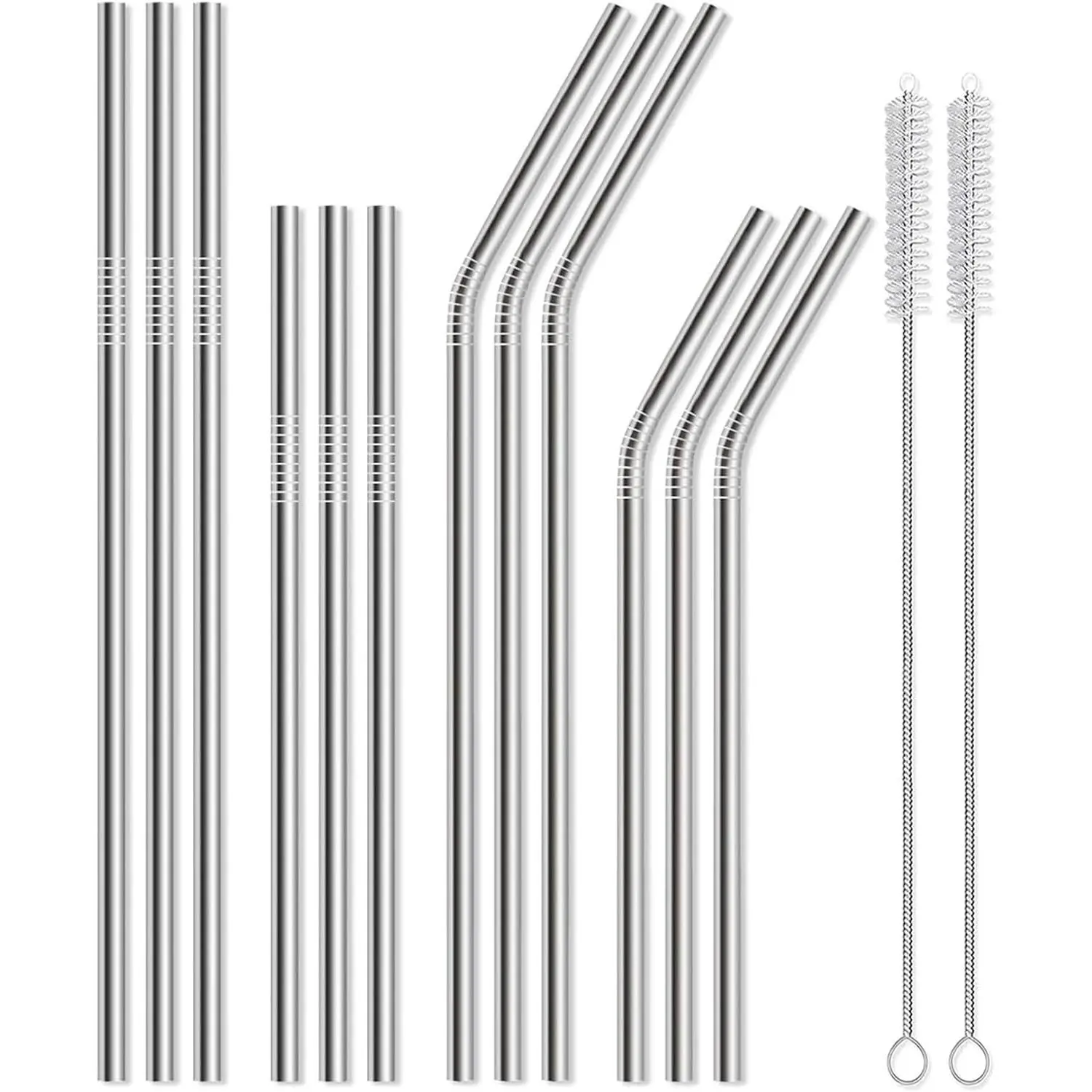 12 Pack of  Stainless Steel Metal Straws, 3 Straight + 3 Bent 10.5 Inch and 3 Straight + 3 Bent 8.5 Inch Metal Straws with 2 Cleaning Brushes for 20 24 30 oz Tumbler Dishwasher Safef