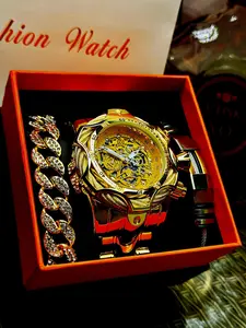 Men's Large Watch, Big Dial Night Glow Design, Full Diamond Cuban Chain Gift Box, Hip Hop Trendy Wristwatch, Gift Set