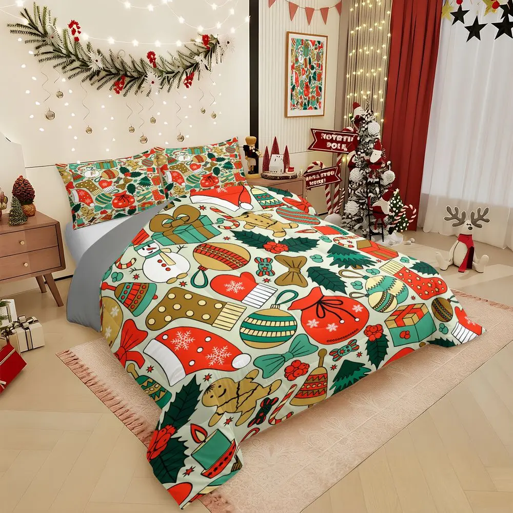 2/3Pcs Christmas Holiday Comforter Set, Festive Gingerbread & Ornament Bedding Set, Soft Seasonal Quilt for Kids & Teens, Cozy Xmas Bedding with Pillowcase, Bedroom Decor, No Pillow Core