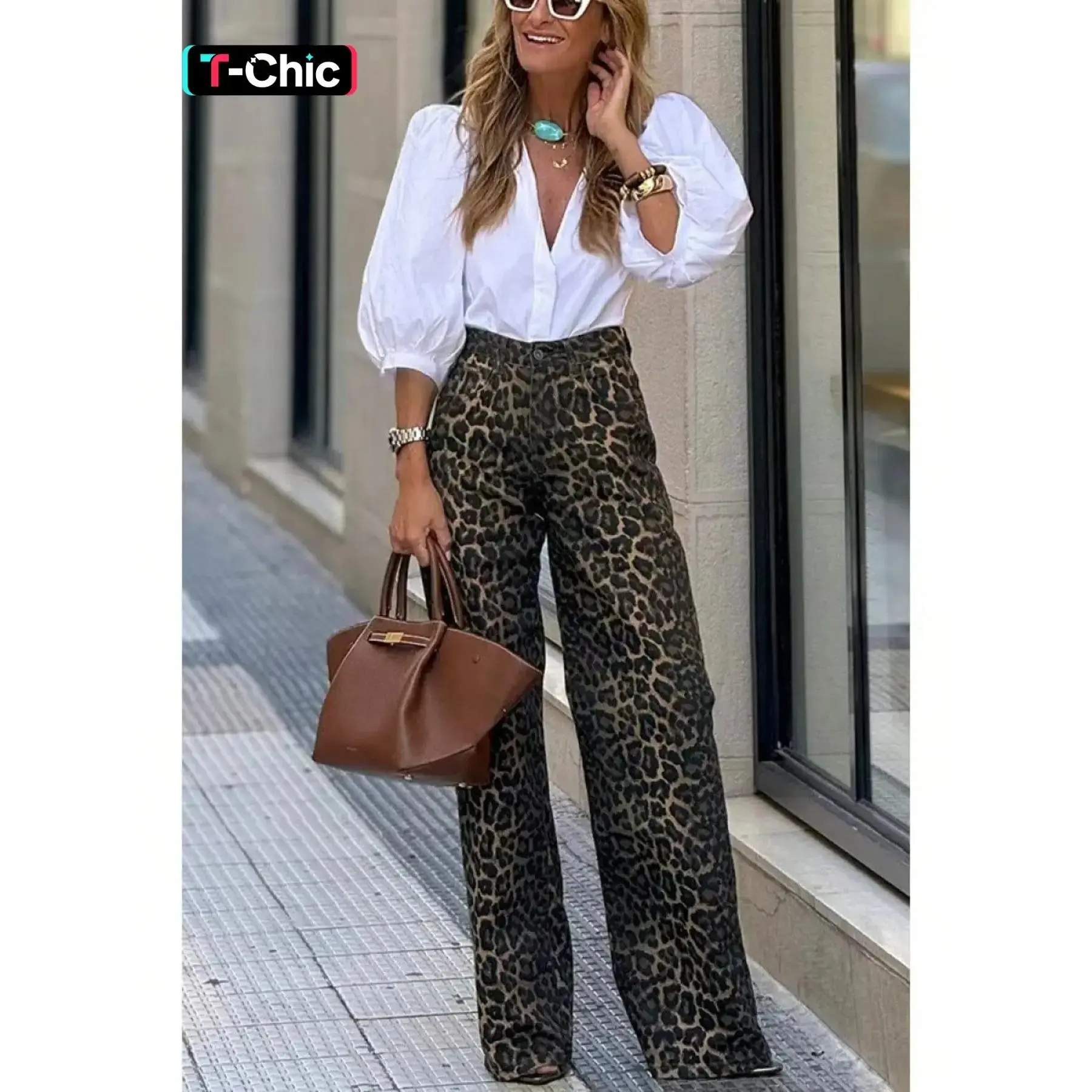 Women's Spring Summer Leopard Print Jeans, Casual Fitted Long Pants, Comfortable Wide Leg Denim, Fashionable for All Seasons, Womenswear