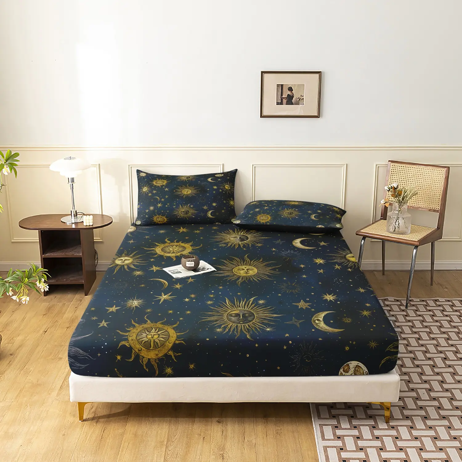 3 Pieces Dark Blue Celestial Sun Moon Star Fitted Sheet Set, Boho Fitted Sheet, Vintage Galaxy Printed Bedding, Soft Microfiber Bohemia Style Bedding, For All Season Home Family Dormitory Hotel Mattress, Bedding Sheets