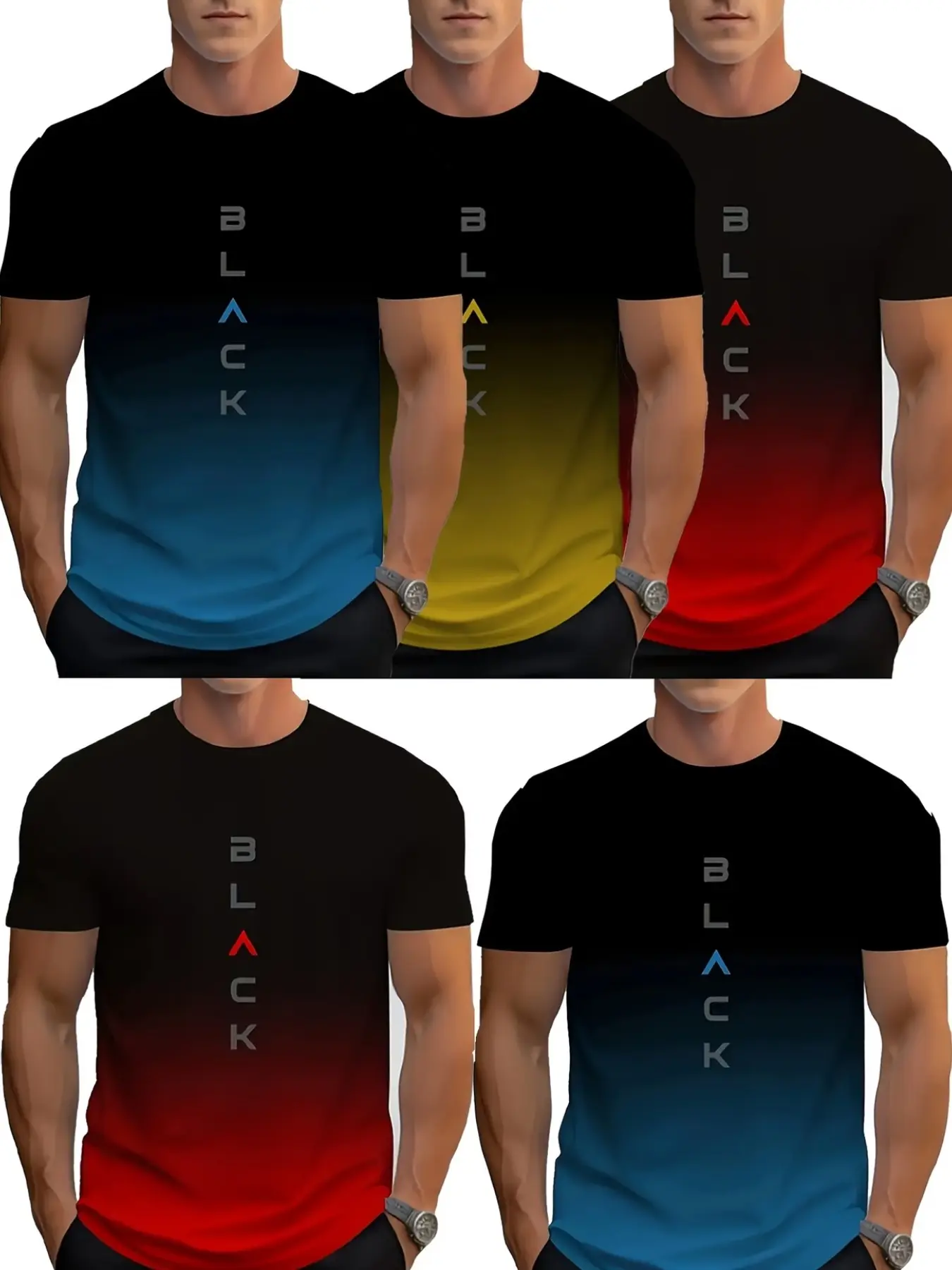 5-Pack Men's Letter Print Gradient Round Neck T-Shirt, Summer Casual Outdoor Wear, Slim-Fit Short Sleeve Top for All Seasons, Menswear, Classic, Streetwear