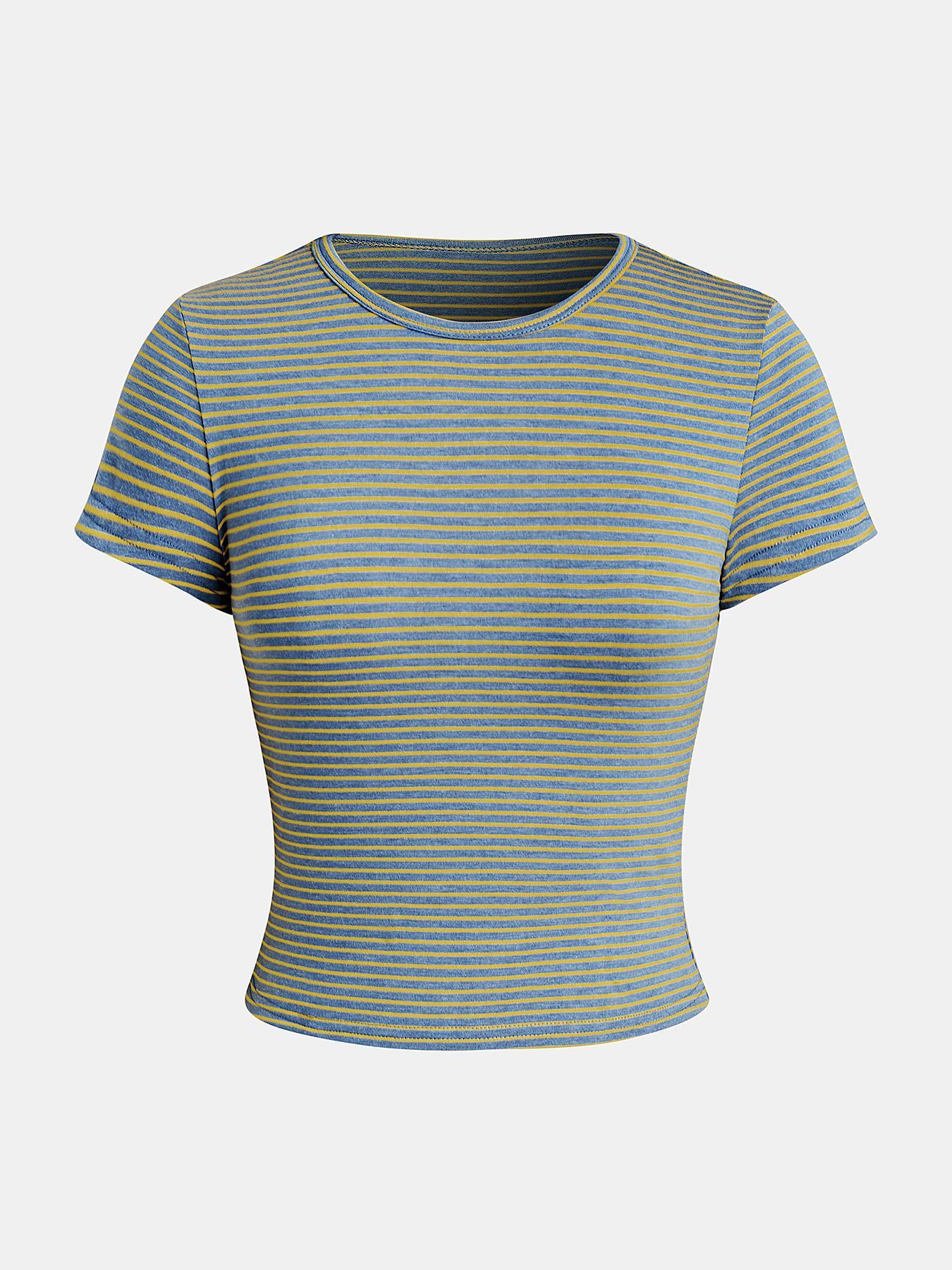 Women's Casual Striped Top & Shorts Set, Slim-Fitting Crop/t-Shirt Combo, All-Season Plain Style, Perfect for Daily Wear