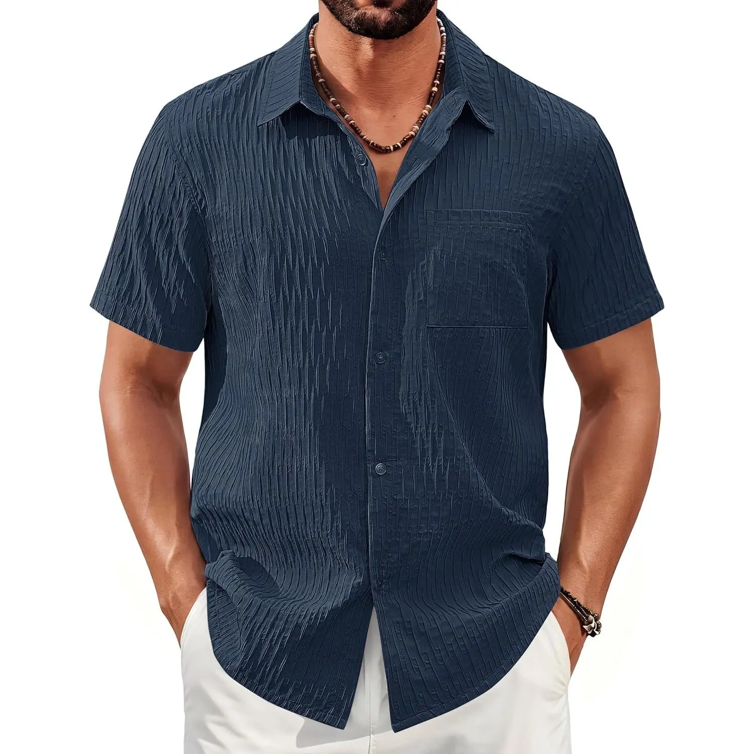 Men's Short Sleeve Button Down Shirt with Pocket Casual Textured Summer Beach Vacation Top(Gift)