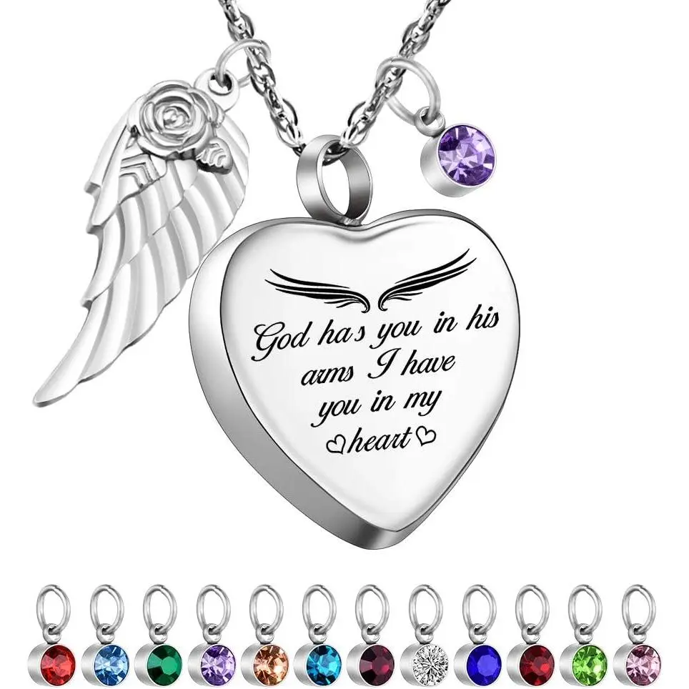 Heart Urn Necklace for Ashes with 12 Birthstones Cremation Jewelry for Ashes -Your Wings Were Ready My Heart Was Not
