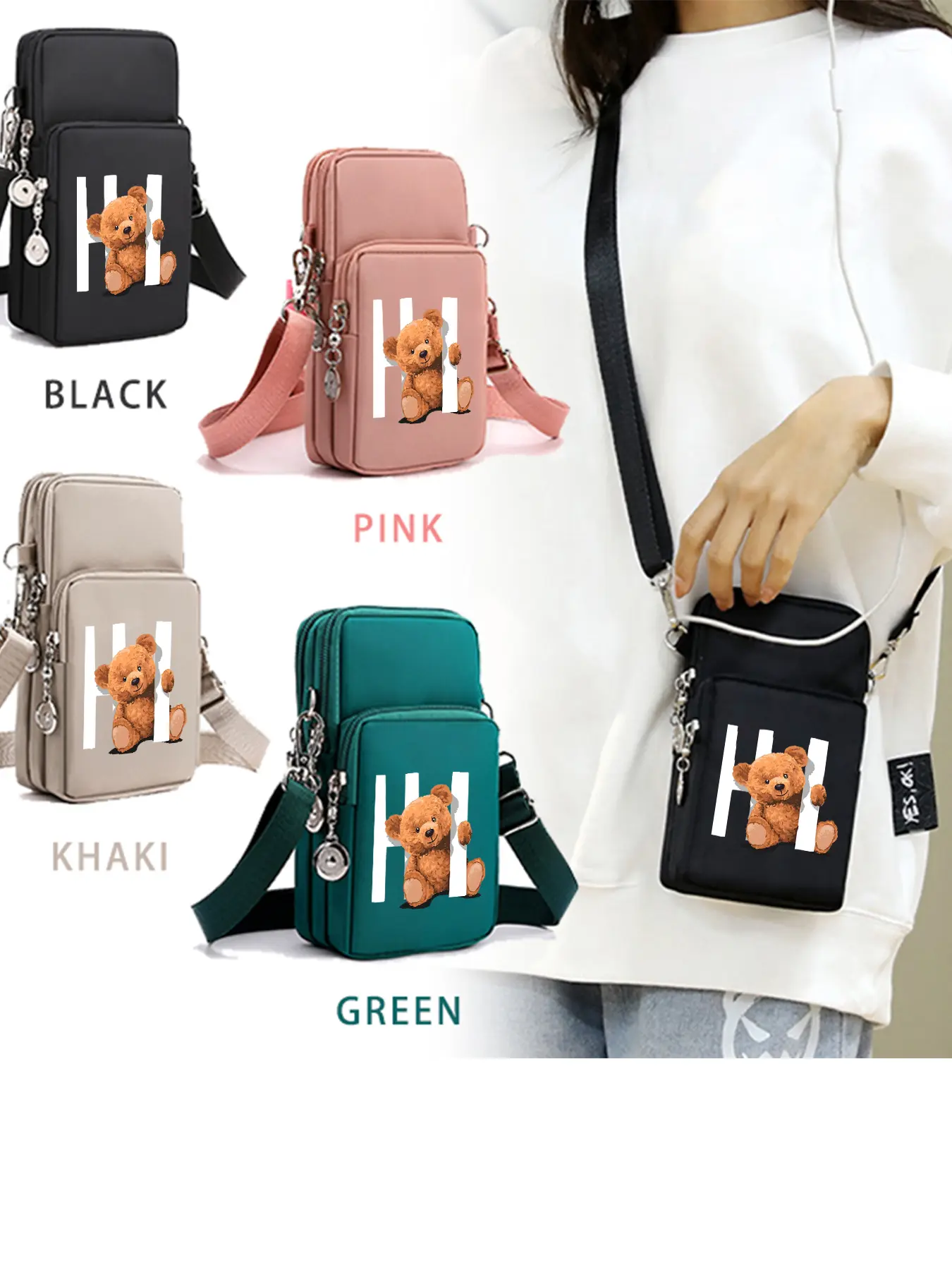 Teddy Bear HI Pattern Crossbody Bag, Casual Shoulder Bag, Lightweight Phone Bag with Headphone Jack, Adjustable Shoulder Strap, Multi‑zipper and Multi‑pocket Design, Ideal for Daily Shopping and Commuting, A Perfect Gift.