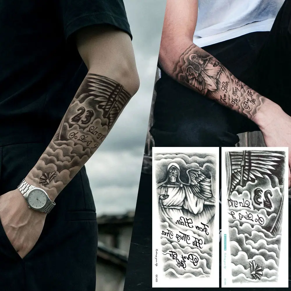 2 Pcs Half Arm Temporary Tattoo Stickers, Realistic Tattoos, Vintage Angel Wings Clouds Numbers, Waterproof Long-Lasting Body Art for Men and Women