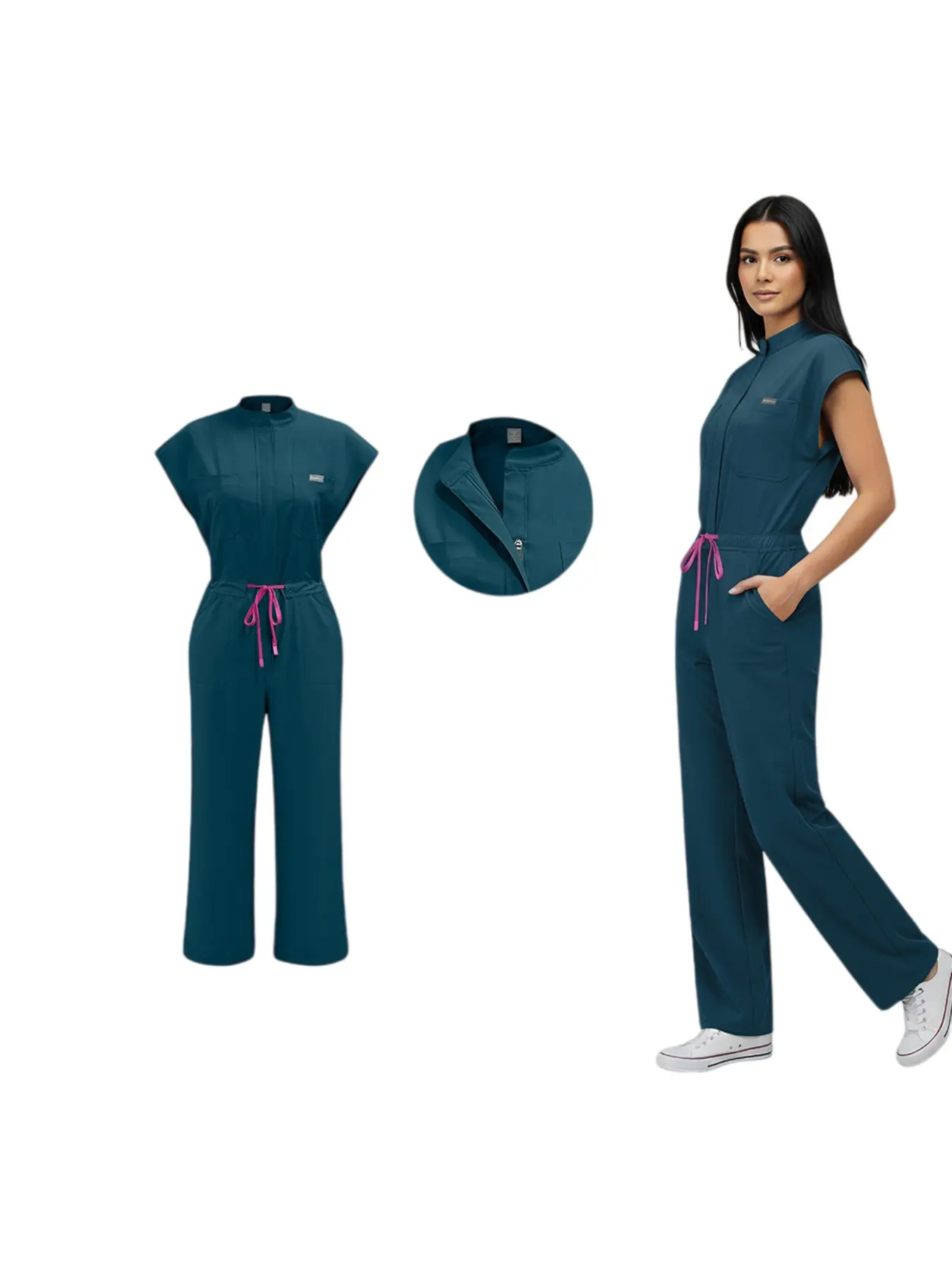 Ladies Stand Collar Scrub Jumpsuit Drawstring Waist Slim Fit Durable Daily Work Uniform For Hospital Clinic Nurses