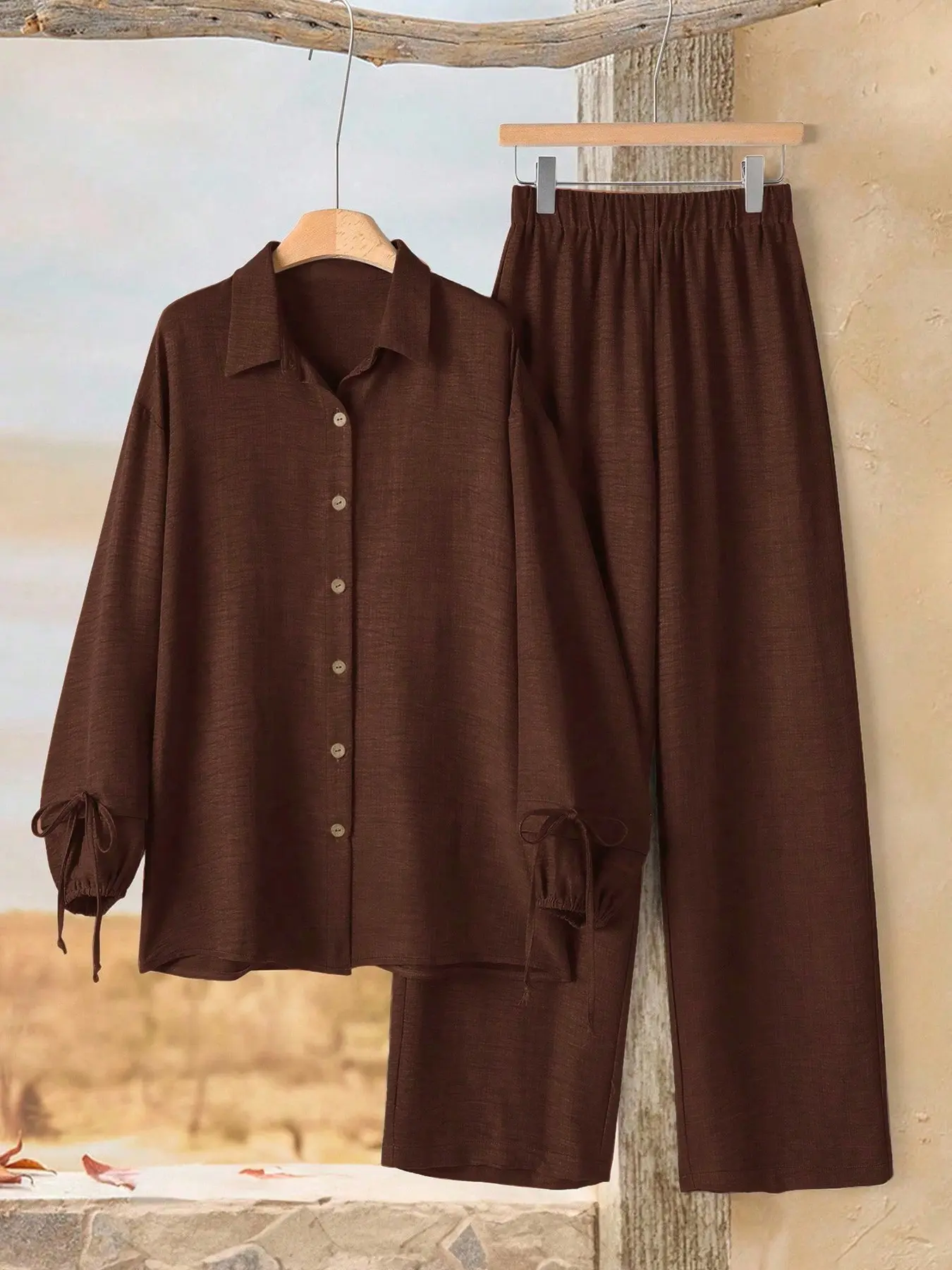Vintage Color Block Two-Piece Set, Loose Fit Outerwear Home Wear, Boho Chic Style, Casual Daily, Simple Office Dressing, Lf2604