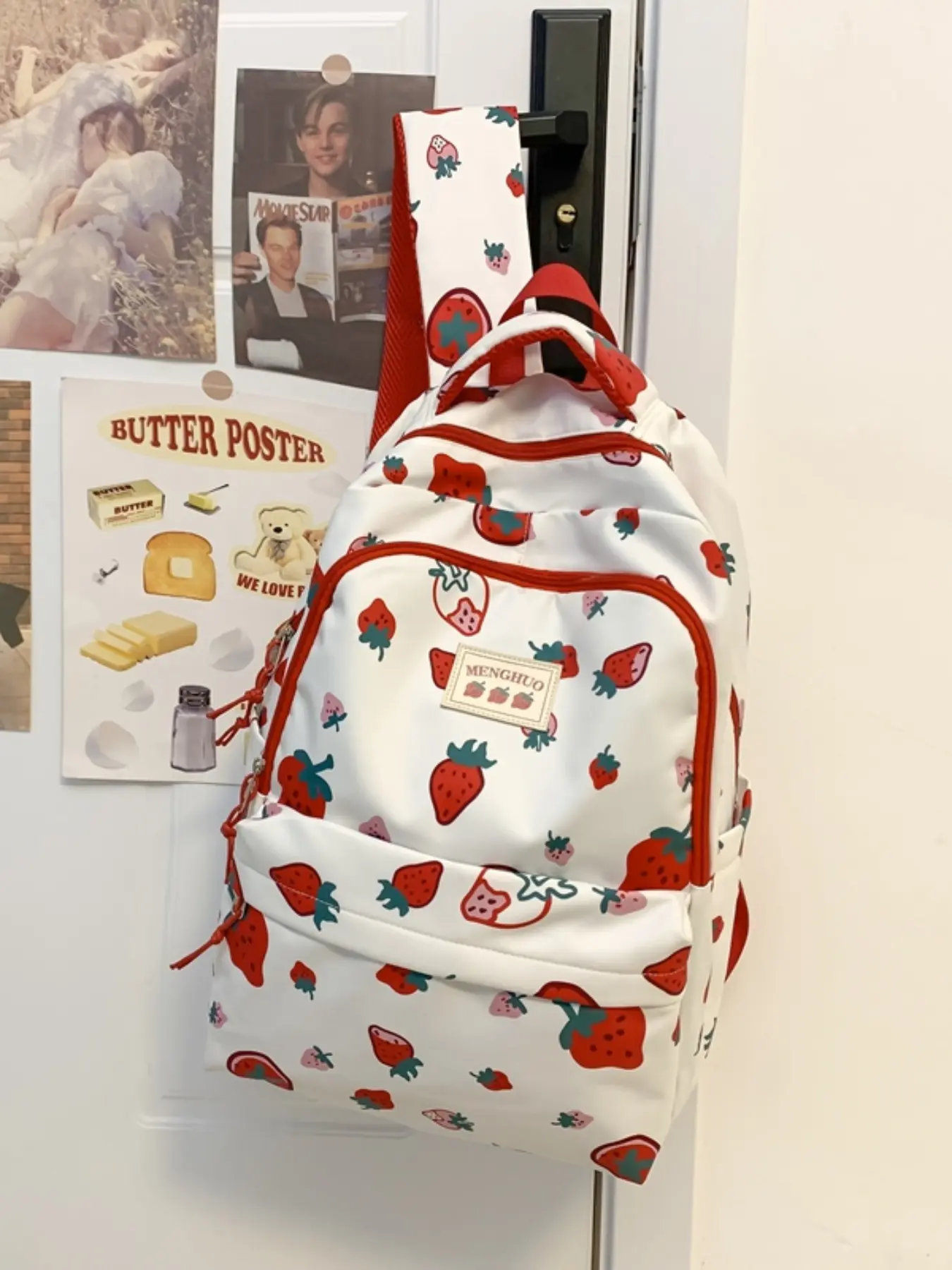 Cute Strawberry Print Backpack, Nylon Material, Ideal for Teens and Women, Perfect for School, Travel, Outdoor Use, Preppy Style, All Seasons, Backpacks Women