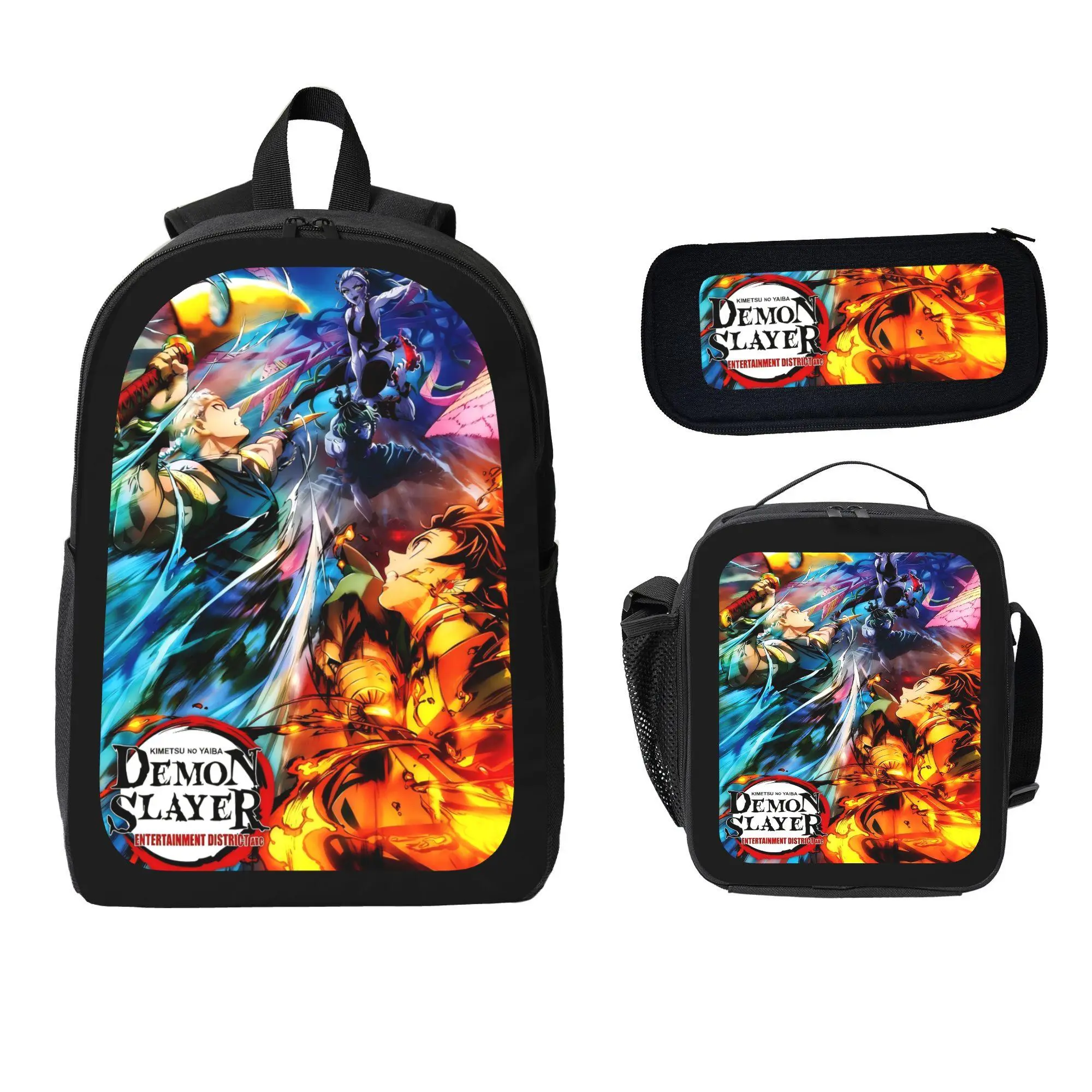Unisex Japanese Anime Demon Slayer 3-Piece School Backpack Set - Graphic Classic Battle Scene Print, Matching Lunch Bag, Pencil Case, Vivid Colors, Dynamic Energy, No-Wheels Functional Bag for Daily School Use