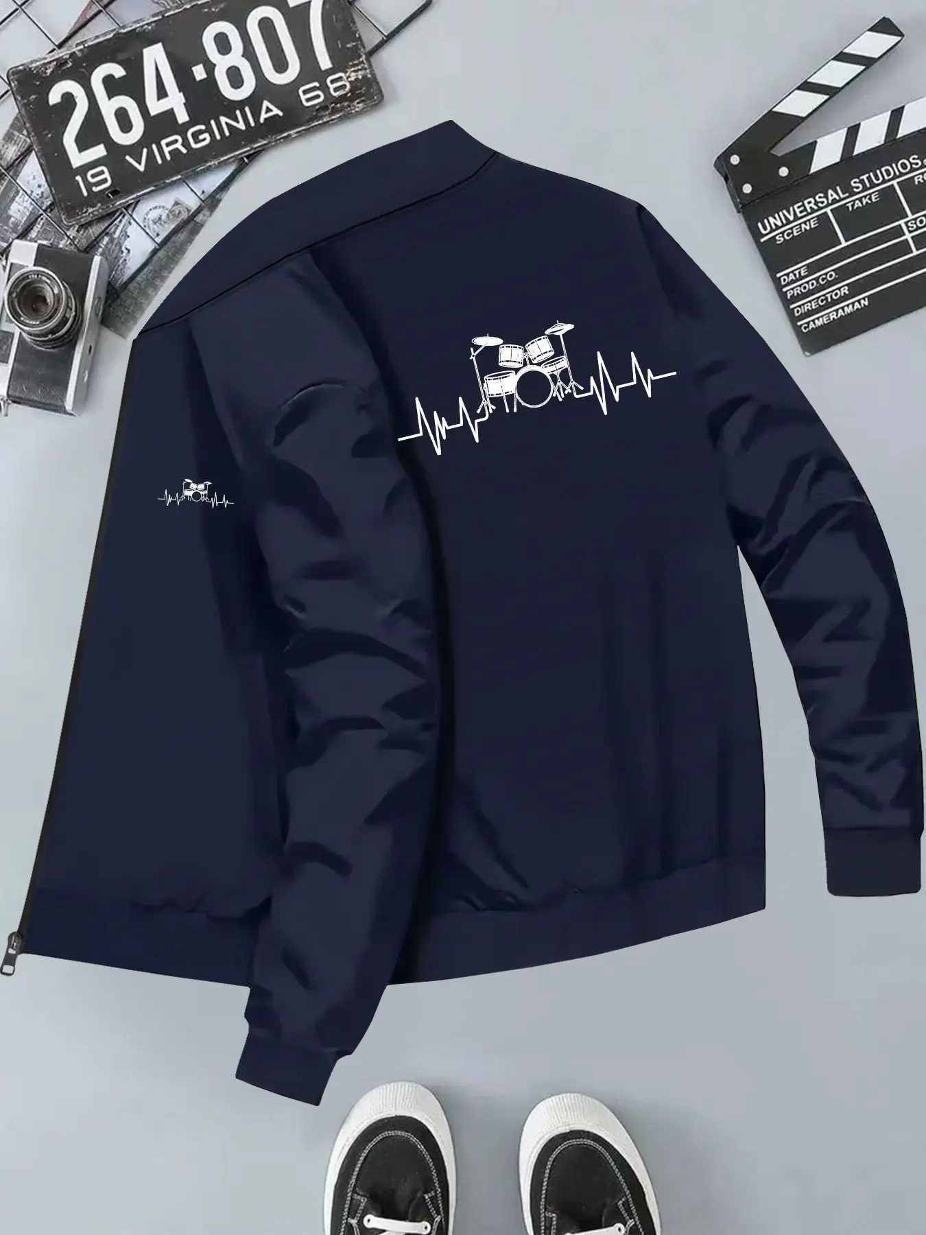 Men's Hooded Casual Jacket with Drum Beat Heart Print, Long Sleeve Loose-Fit Outerwear for All Seasons, Geometric Pattern H-Type Silhouette
