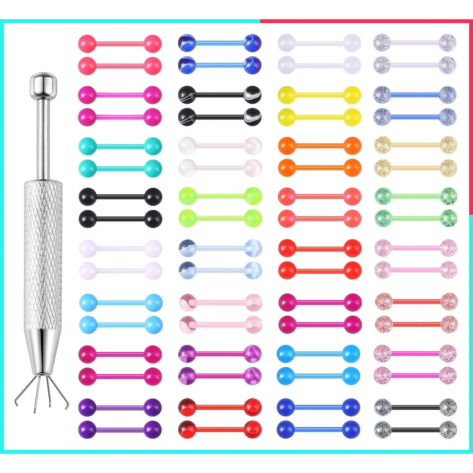 64Pcs 14G Glow in the Dark Flexible Acrylic Piercing Jewelry Set for Women - Straight Tongue Barbells, Nipple Rings, Retainers with 14mm Bar