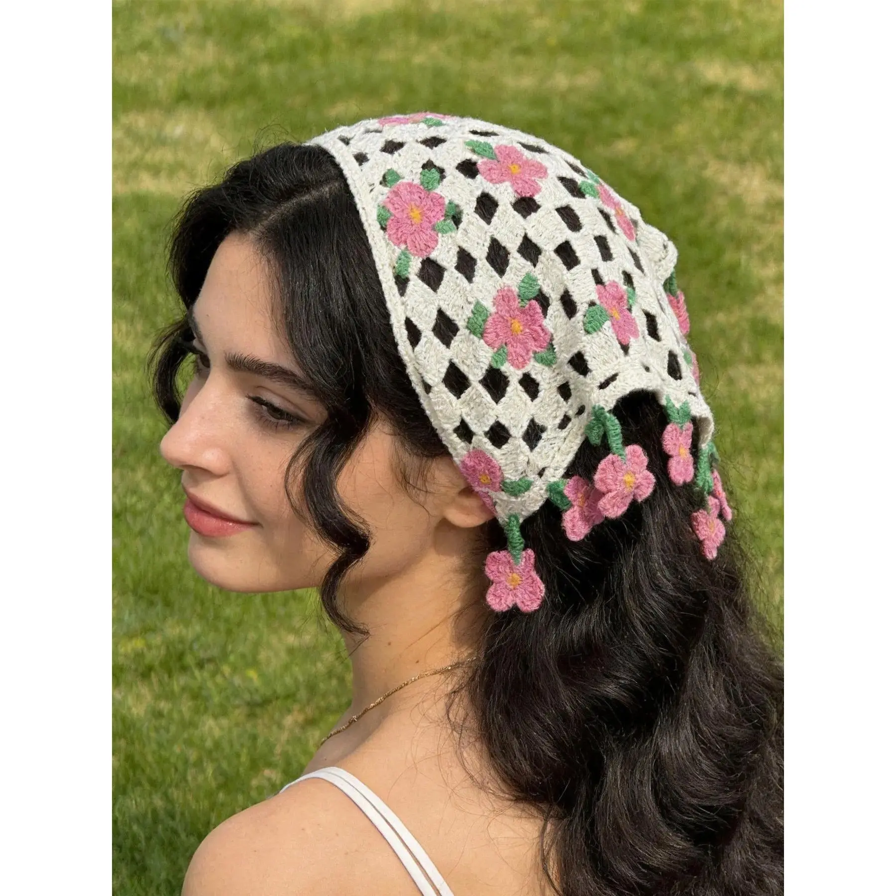 Boho Knitted Headband, Leaf Print Triangle Head Scarf for Women, Hollow Out Design, Stylish Accessories for Beach & Outdoor Events, Nylon, Breathable, Bohemian Fashion Accessory Sets
