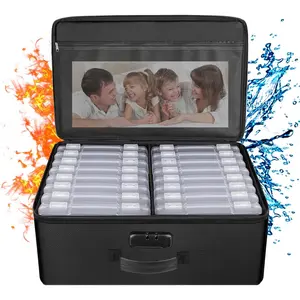 Fireproof Photo Storage Box 5" x 7" Photo Case(Clear),16 Inner Photo Keeper Organizer with Lock, Collapsible Portable Acid-Free Photo Storage Container with Handle for Picture, Valuables