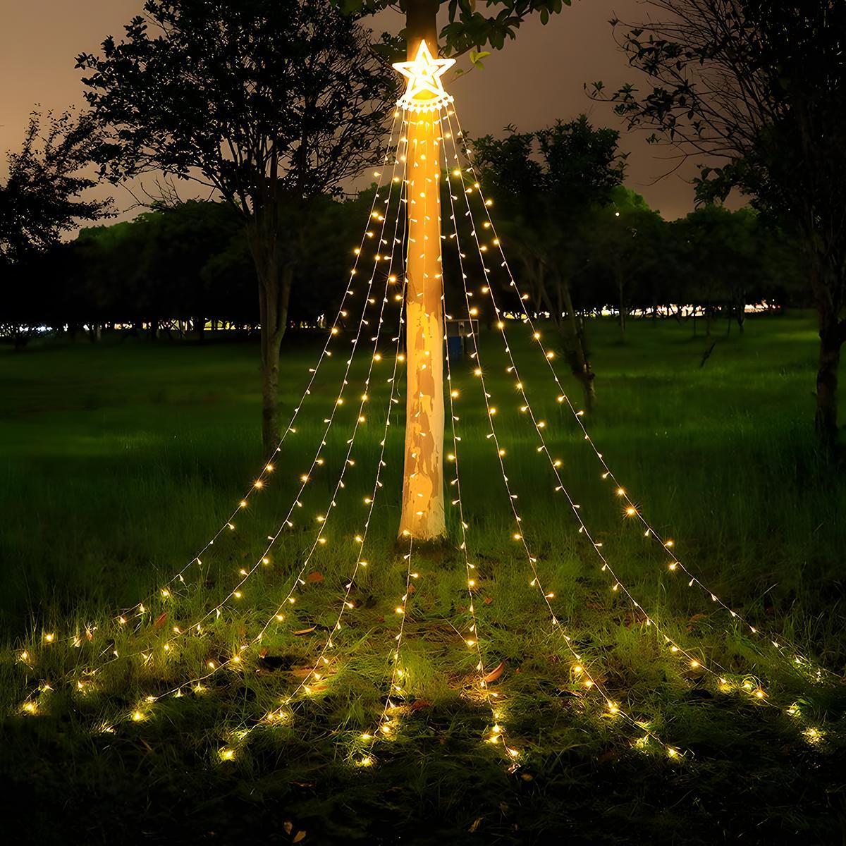 1 Solar Christmas Decorative Star Waterfall Tree Light with 8 Modes, Perfect for Outdoor Garden, Yard, and Patio Holiday Decor