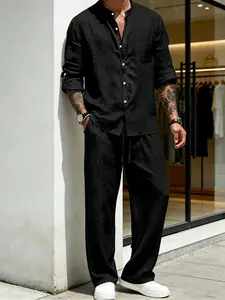 Men's Spring Summer Linen 2-pcs Set, Breathable Loose Fit Fashion Shirt, Long Sleeve, Elastic Waist, Tie Cord Pants, Multiple Pockets