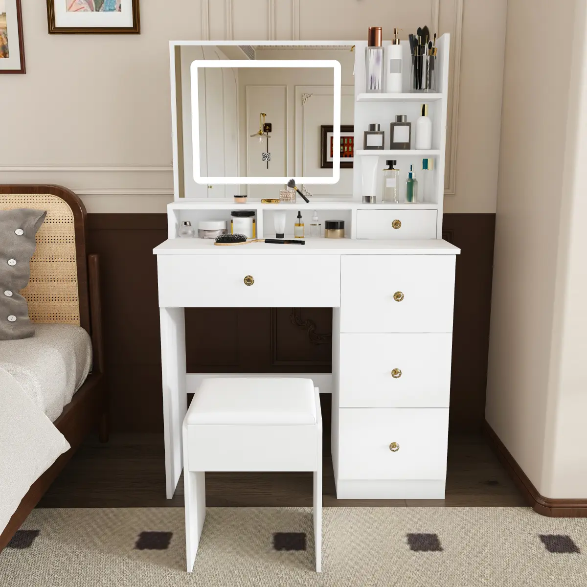 Glossy White Vanity Makeup Table Set, MDF Dressing Table with Adjustable‑Light Mirror, 5 Drawers, Power Outlet & Hair Dryer Holder for Bedroom