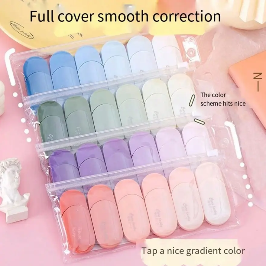 6 Piece Gradual Color Correction Tape Set, Smooth Correction, Instant Tape for Writing Errors, Easy to Use Smearer, Office School Supplies, Writing Tools
