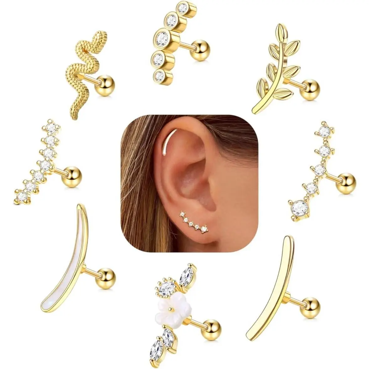 8 count 16G Cartilage Earrings Helix   for Women Stainless  Opal CZ Conch Daith Tragus   Flower Snake Leaf Screw  Stud Earrings Set